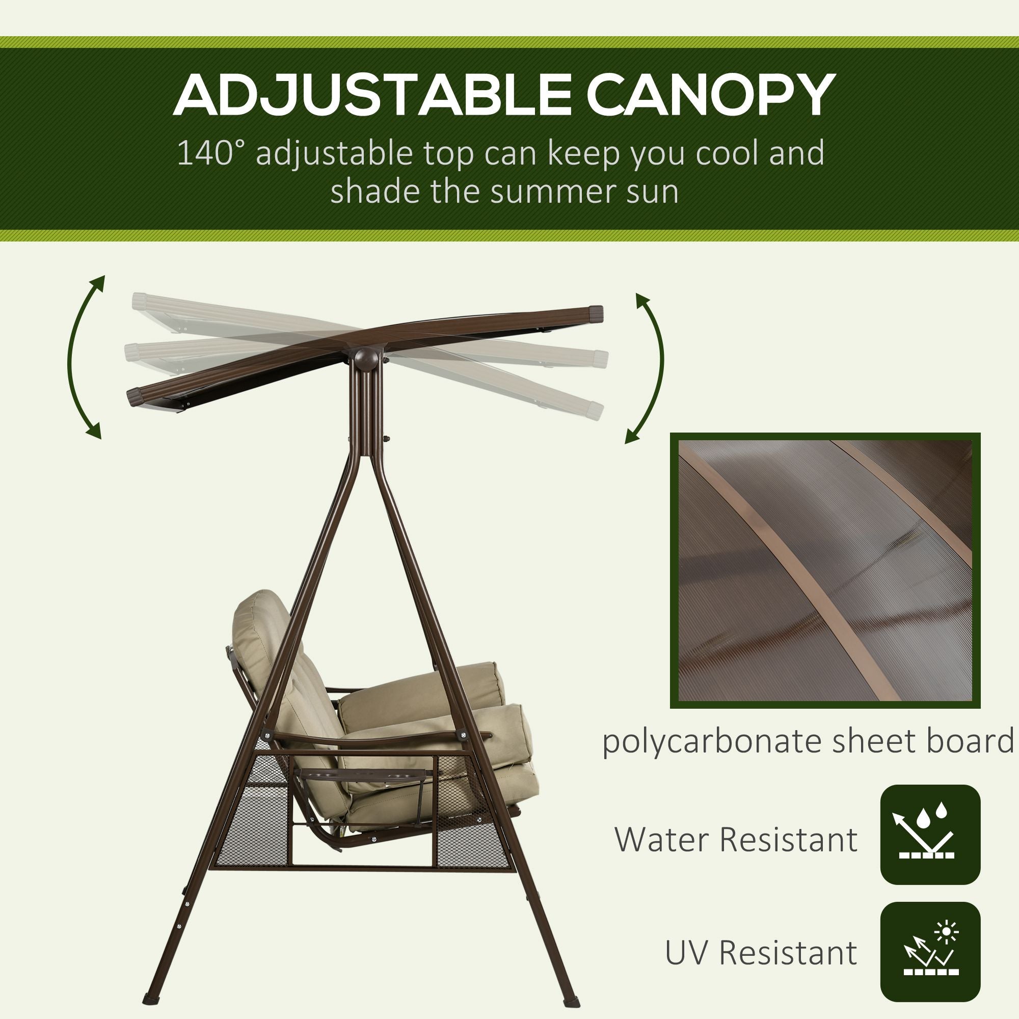 Outsunny 3-Seat Patio Swing Chair, Outdoor Canopy Swing Glider with Cushion, Pillows and Adjustable Polycarbonate Canopy for Porch, Garden, Poolside, Backyard, Khaki
