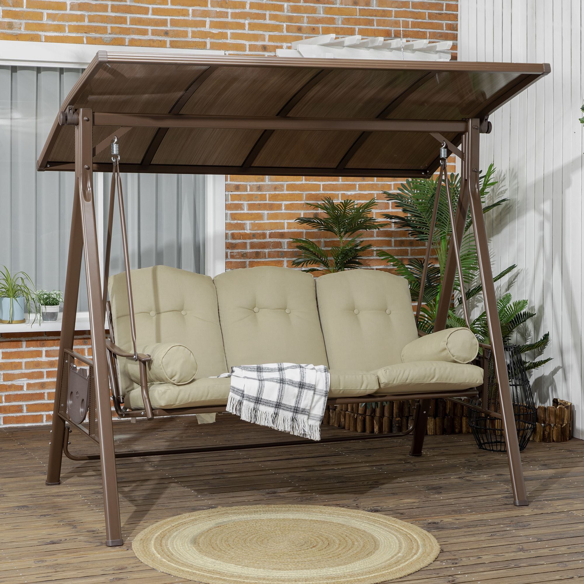 Outsunny 3-Seat Patio Swing Chair, Outdoor Canopy Swing Glider with Cushion, Pillows and Adjustable Polycarbonate Canopy for Porch, Garden, Poolside, Backyard, Khaki
