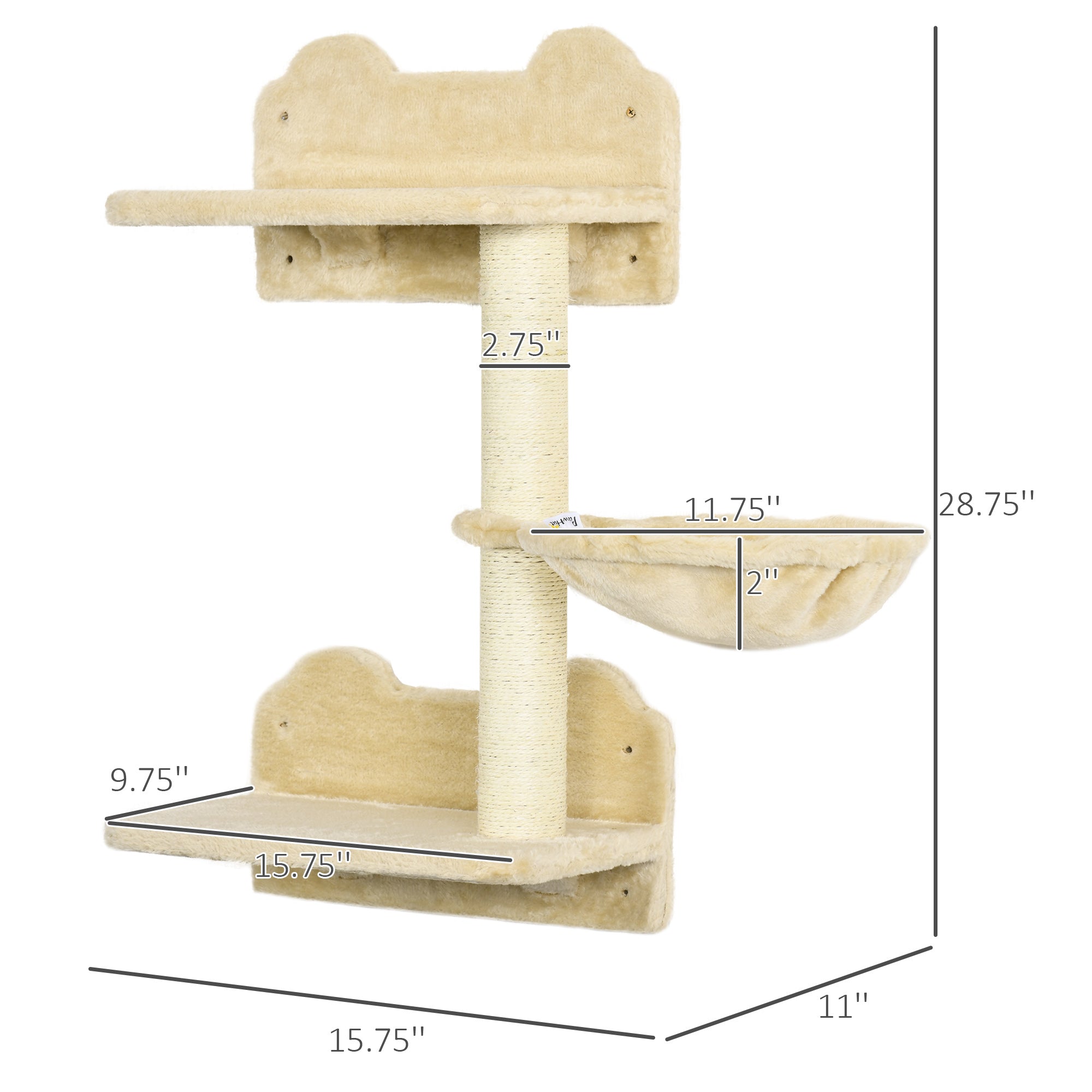 PawHut Wall-Mounted Cat Tree with Hammock for a Cute Cat Bed, Modern Cat Tree with Scratching Post & Cat Shelves, Climbing Playground Kitty Tower