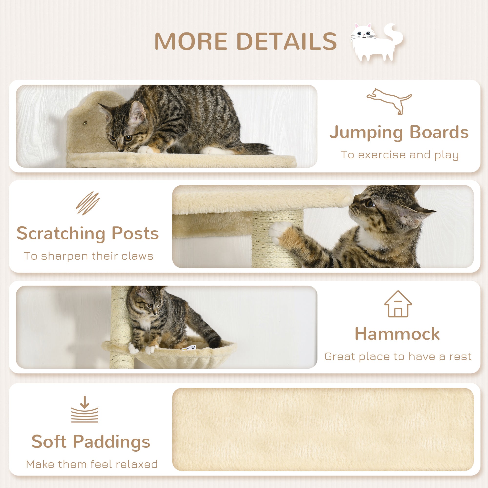 PawHut Wall-Mounted Cat Tree with Hammock for a Cute Cat Bed, Modern Cat Tree with Scratching Post & Cat Shelves, Climbing Playground Kitty Tower