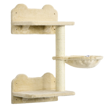 PawHut Wall-Mounted Cat Tree with Hammock for a Cute Cat Bed, Modern Cat Tree with Scratching Post & Cat Shelves, Climbing Playground Kitty Tower