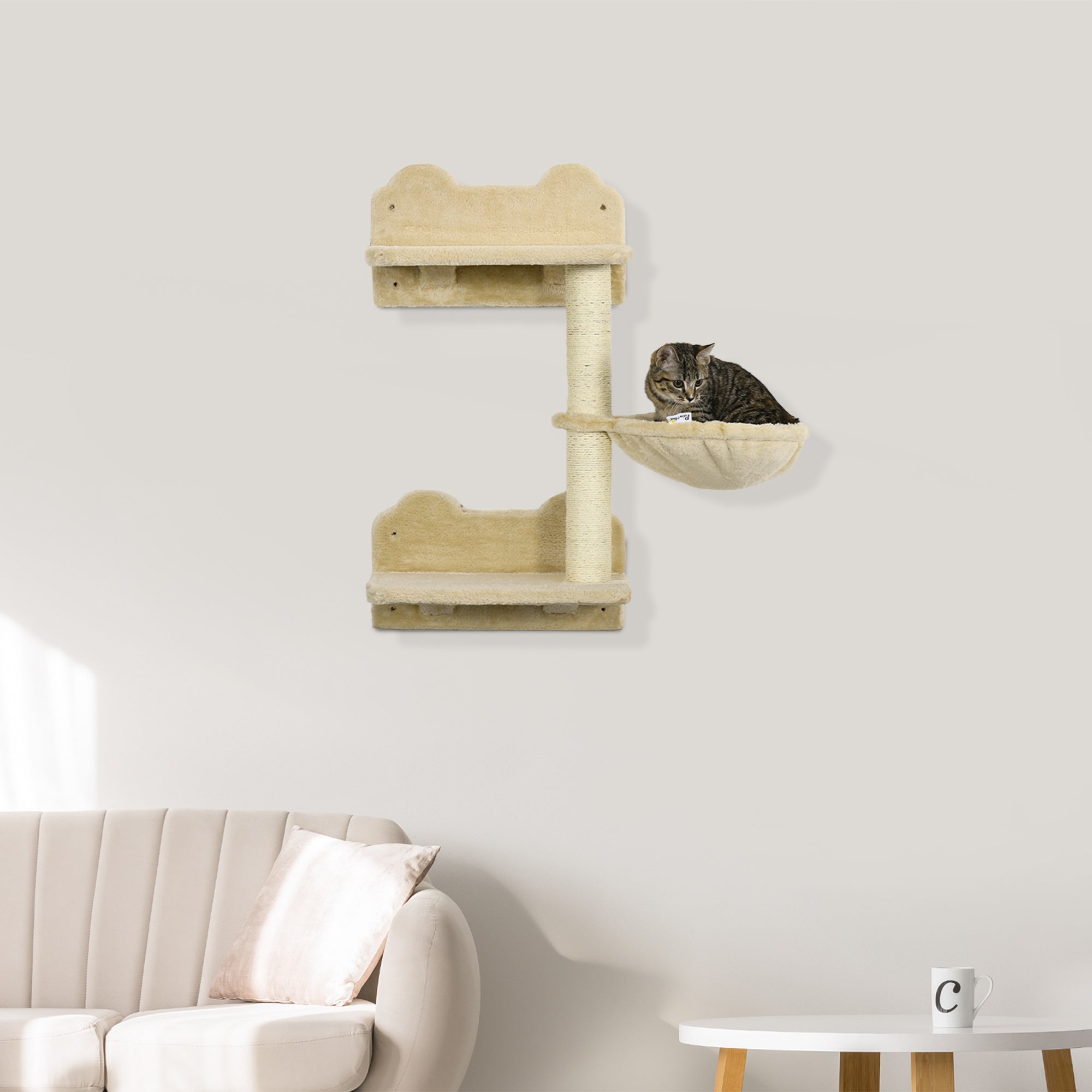 PawHut Wall-Mounted Cat Tree with Hammock for a Cute Cat Bed, Modern Cat Tree with Scratching Post & Cat Shelves, Climbing Playground Kitty Tower