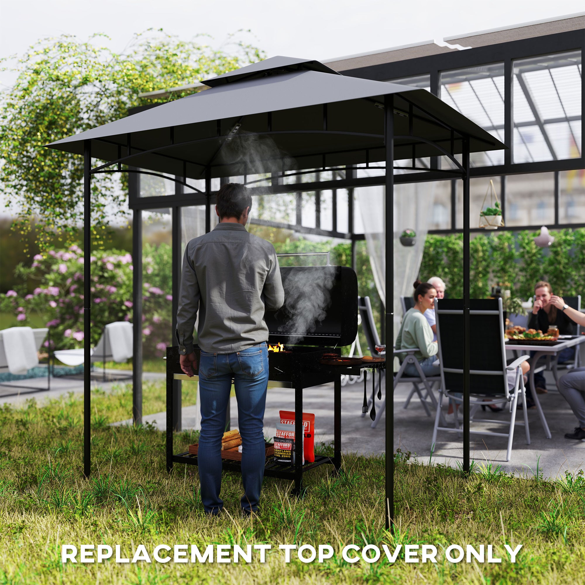 Outsunny BBQ Canopy Replacement Roof, UPF50+ Protected, 5' x 8' BBQ Gazebo Canopy Cover, Double Tiered Grill Gazebo Replacement Canopy, TOP COVER ONLY, Dark Grey