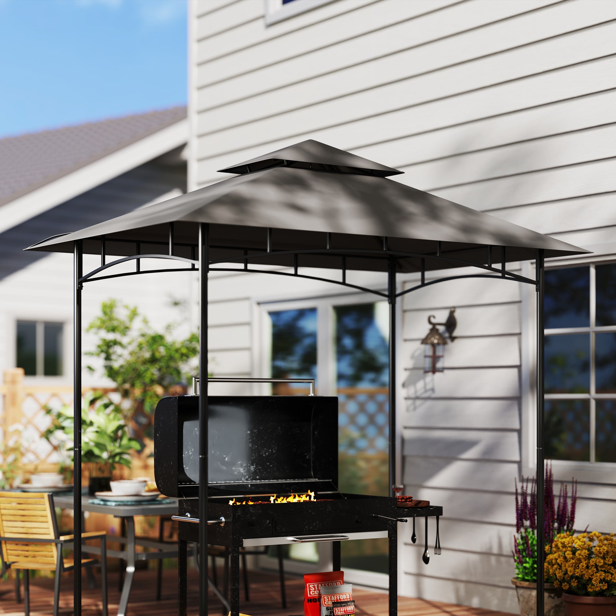 Outsunny BBQ Canopy Replacement Roof, UPF50+ Protected, 5' x 8' BBQ Gazebo Canopy Cover, Double Tiered Grill Gazebo Replacement Canopy, TOP COVER ONLY, Dark Grey