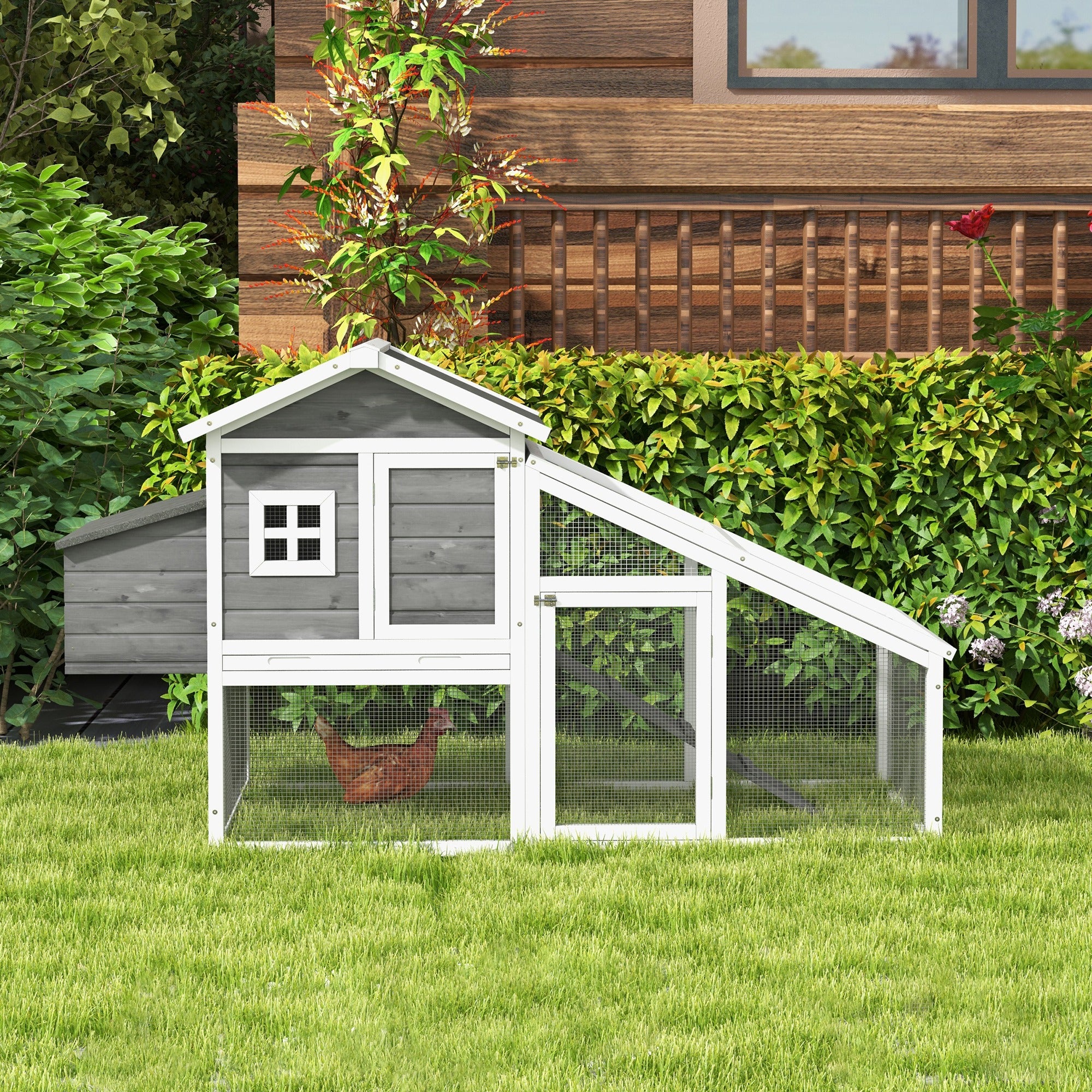 PawHut 69" Chicken Coop Wooden Hen House Rabbit Hutch Poultry Cage Pen Outdoor Backyard with Outdoor Run Nesting Box Removable Tray Waterproof Asphalt Roof Lockable Door Grey