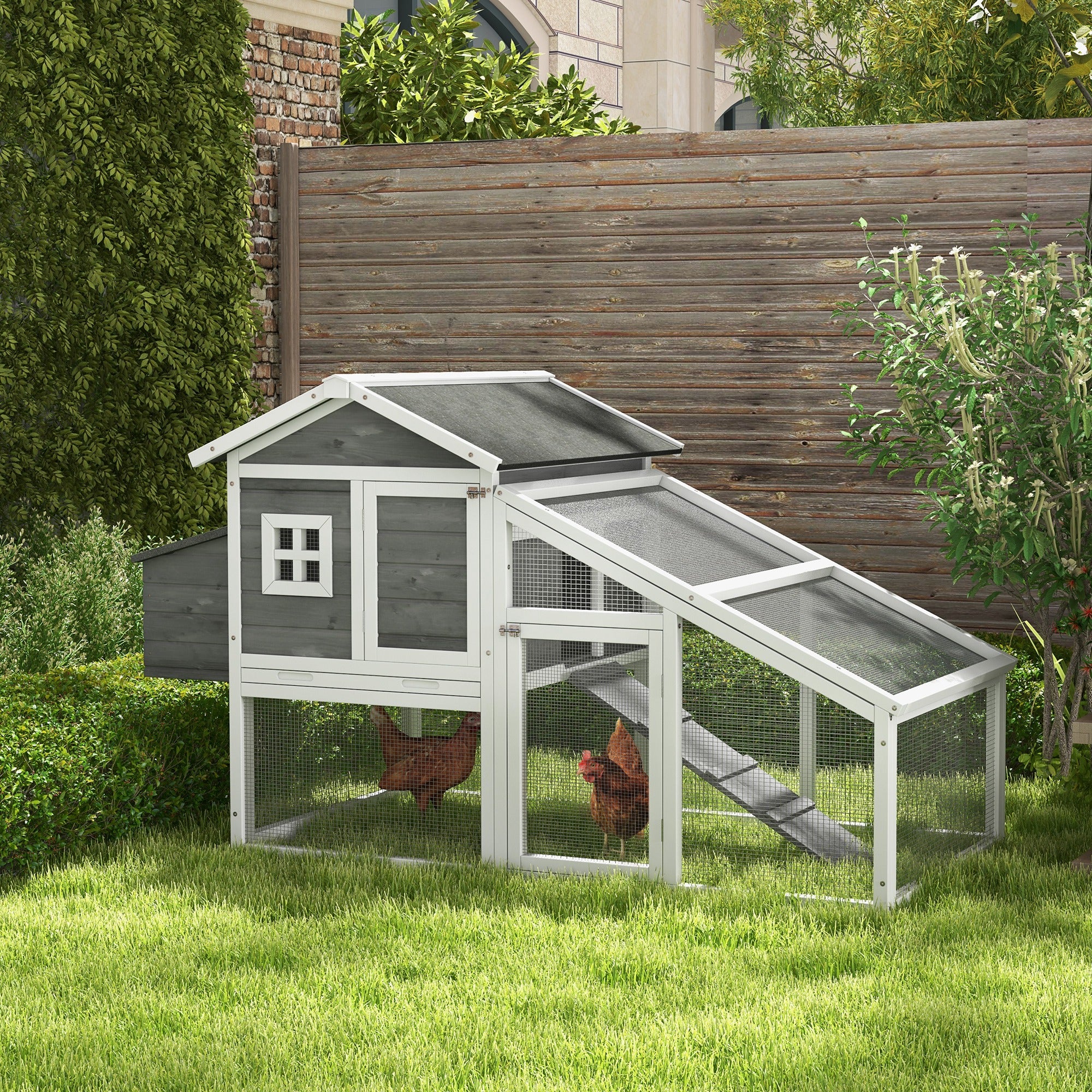 PawHut 69" Chicken Coop Wooden Hen House Rabbit Hutch Poultry Cage Pen Outdoor Backyard with Outdoor Run Nesting Box Removable Tray Waterproof Asphalt Roof Lockable Door Grey