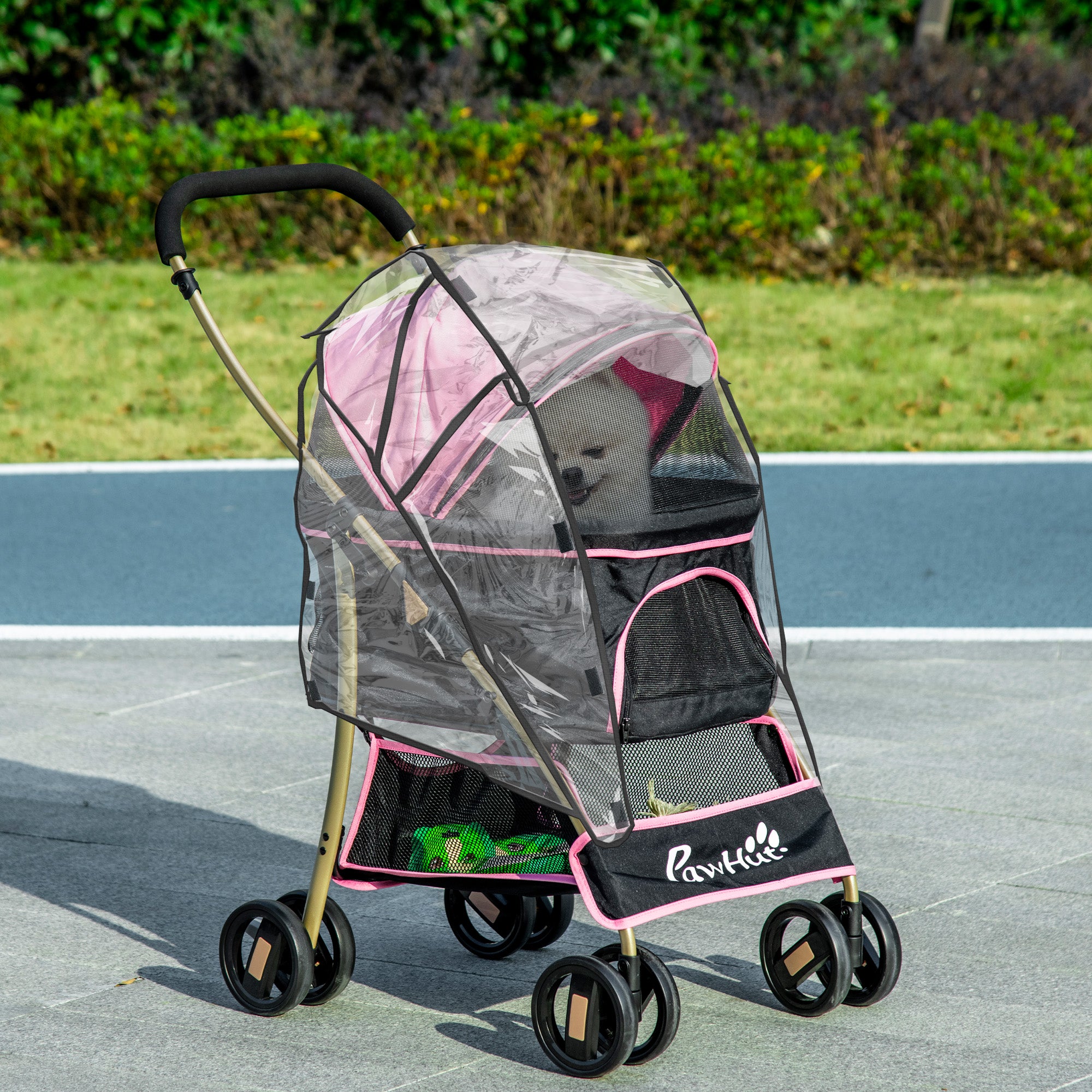 PawHut Detachable Pet Stroller with Rain Cover, 3 In 1 Cat Dog Pushchair, Foldable Carrying Bag w/ Universal Wheels, Brake, Canopy, Basket, Storage Bag for Small and Tiny Dogs - Pink