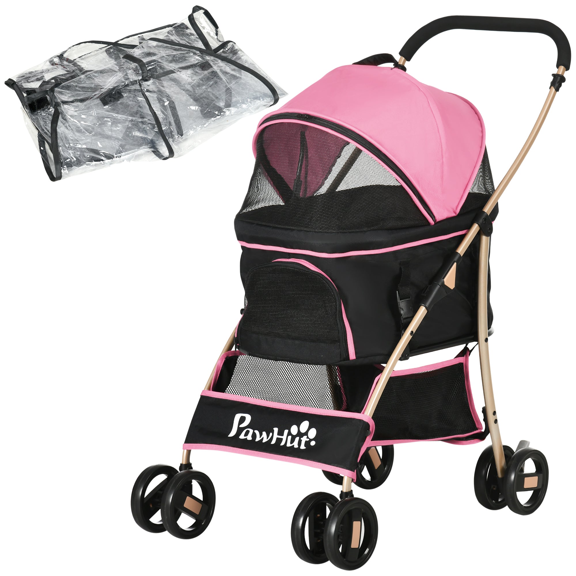 PawHut Detachable Pet Stroller with Rain Cover, 3 In 1 Cat Dog Pushchair, Foldable Carrying Bag w/ Universal Wheels, Brake, Canopy, Basket, Storage Bag for Small and Tiny Dogs - Pink
