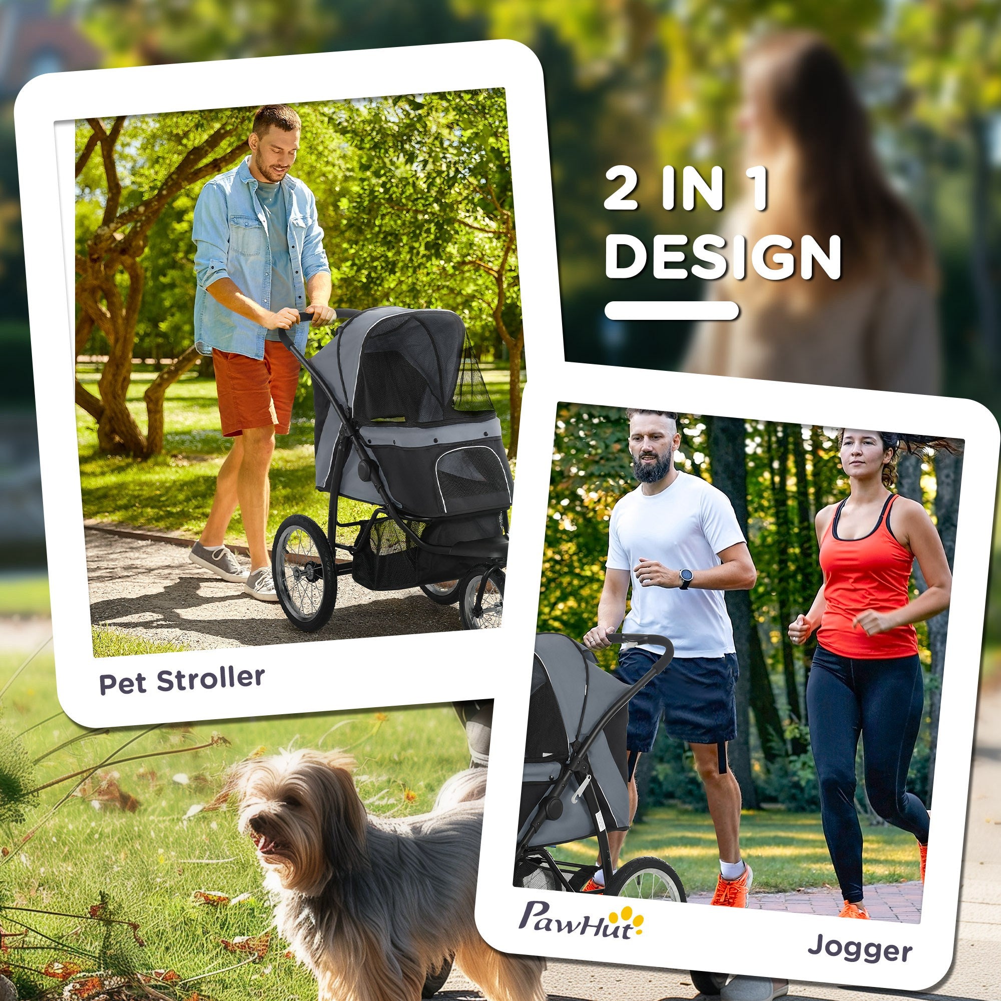 PawHut Pet Stroller for Small and Medium Dogs, 3 Big Wheels Cat Stroller Travel Folding Carrier with Adjustable Canopy, Safety Tether, Storage Basket, Black