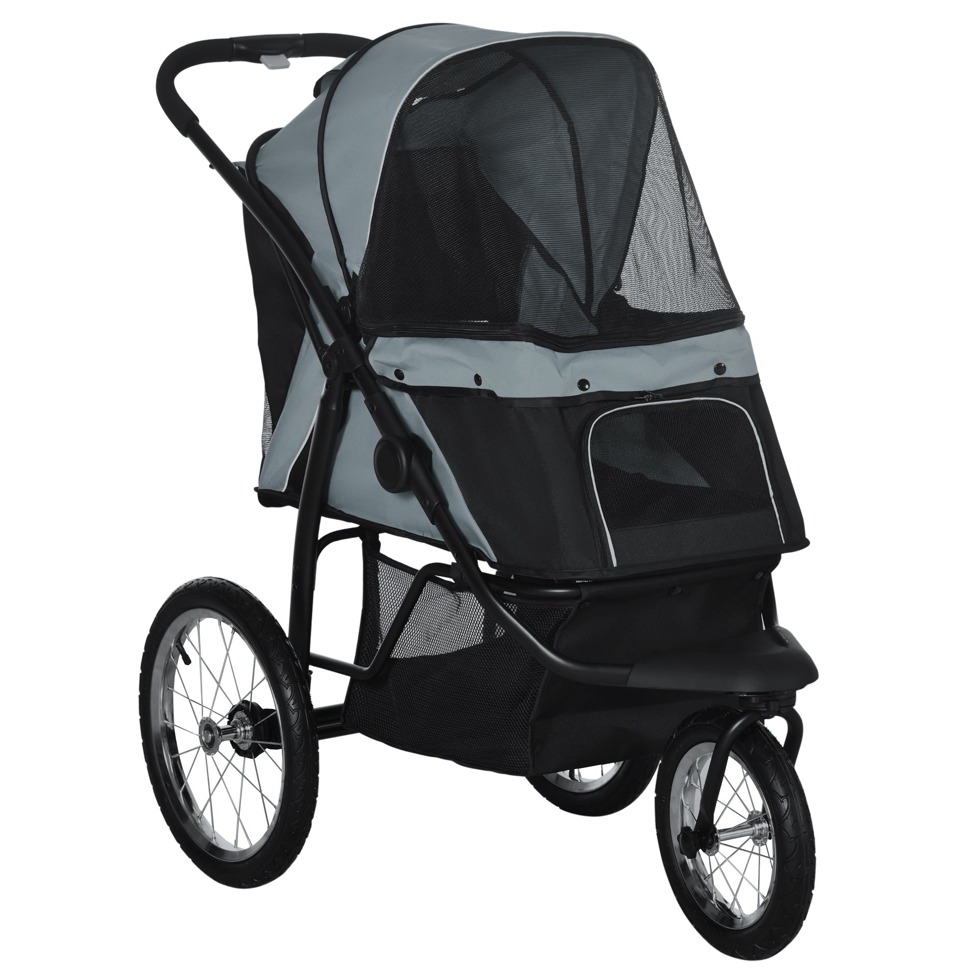 PawHut Pet Stroller for Small and Medium Dogs, 3 Big Wheels Cat Stroller Travel Folding Carrier with Adjustable Canopy, Safety Tether, Storage Basket, Black