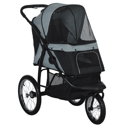 PawHut Pet Stroller for Small and Medium Dogs, 3 Big Wheels Cat Stroller Travel Folding Carrier with Adjustable Canopy, Safety Tether, Storage Basket, Black