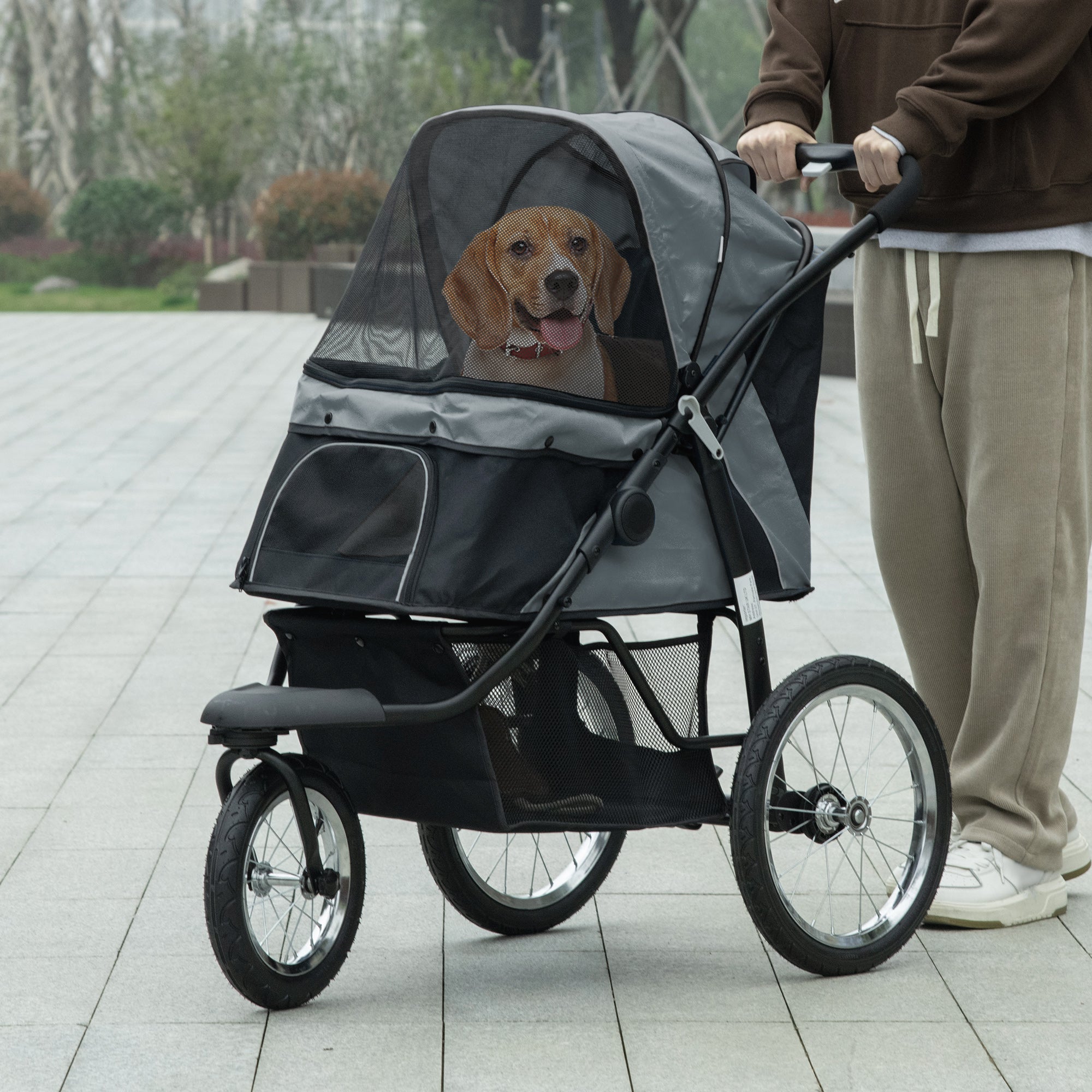PawHut Pet Stroller for Small and Medium Dogs, 3 Big Wheels Cat Stroller Travel Folding Carrier with Adjustable Canopy, Safety Tether, Storage Basket, Black