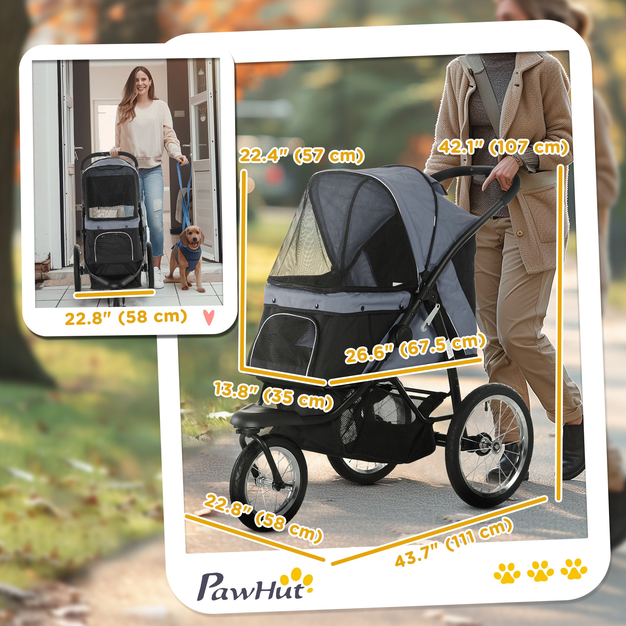 PawHut Pet Stroller for Small and Medium Dogs, 3 Big Wheels Cat Stroller Travel Folding Carrier with Adjustable Canopy, Safety Tether, Storage Basket, Black