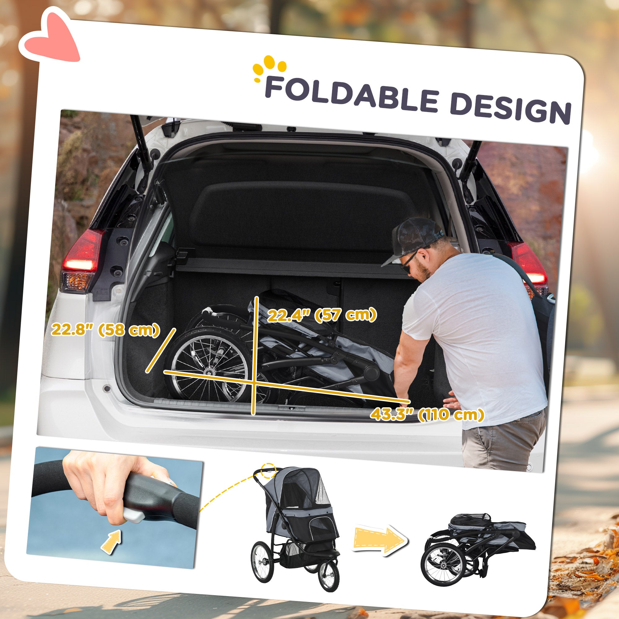 PawHut Pet Stroller for Small and Medium Dogs, 3 Big Wheels Cat Stroller Travel Folding Carrier with Adjustable Canopy, Safety Tether, Storage Basket, Black