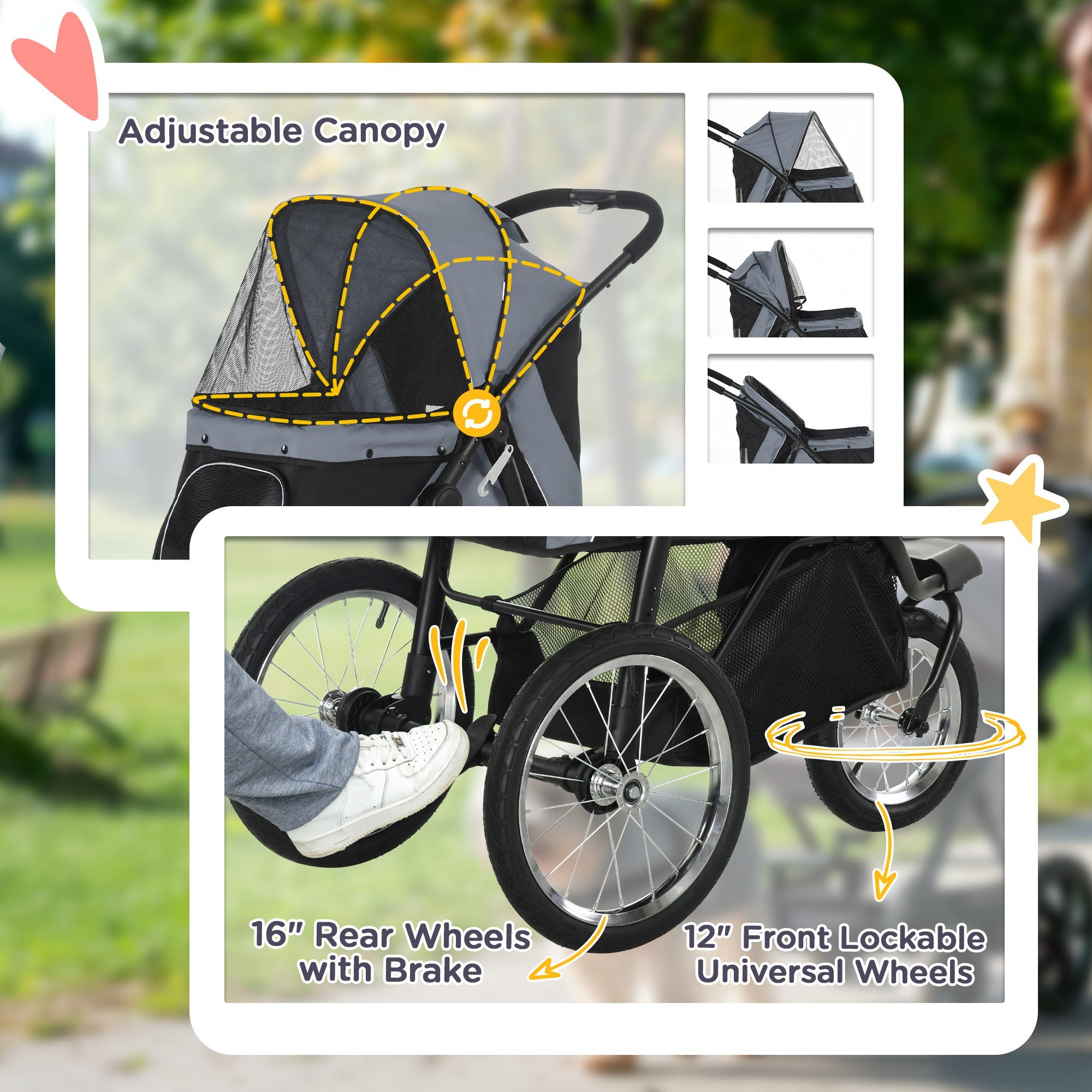 PawHut Pet Stroller for Small and Medium Dogs, 3 Big Wheels Cat Stroller Travel Folding Carrier with Adjustable Canopy, Safety Tether, Storage Basket, Black