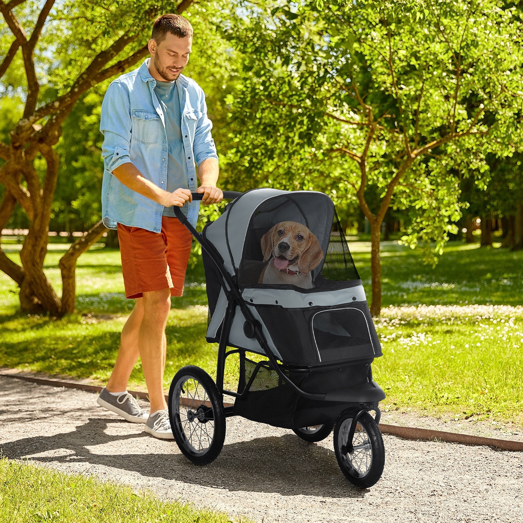 PawHut Pet Stroller for Small and Medium Dogs, 3 Big Wheels Cat Stroller Travel Folding Carrier with Adjustable Canopy, Safety Tether, Storage Basket, Black