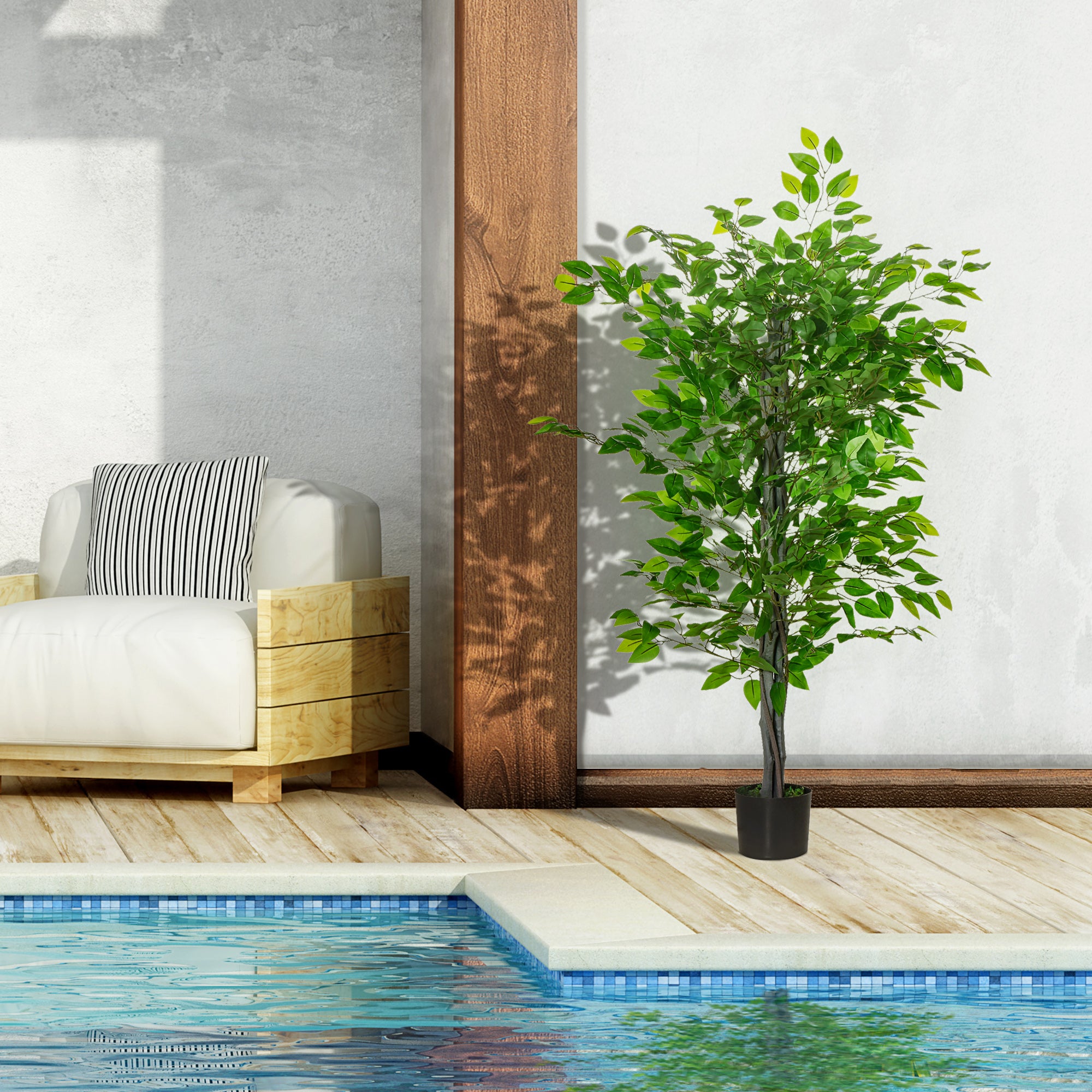 HOMCOM 4.5ft Ficus Artificial Tree with Realistic Leaves, Tall Fake Plant in Pot for Home Office Indoor Outdoor Decor, Green
