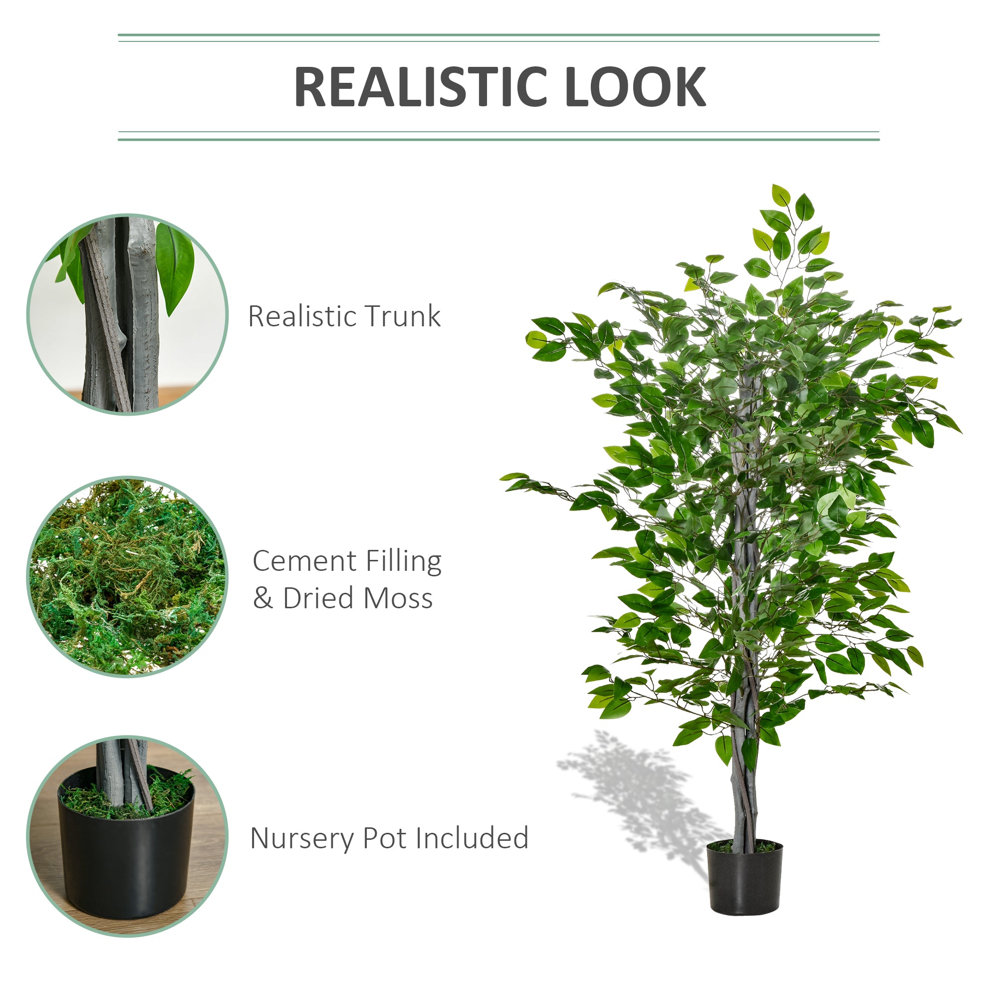 HOMCOM 4.5ft Ficus Artificial Tree with Realistic Leaves, Tall Fake Plant in Pot for Home Office Indoor Outdoor Decor, Green