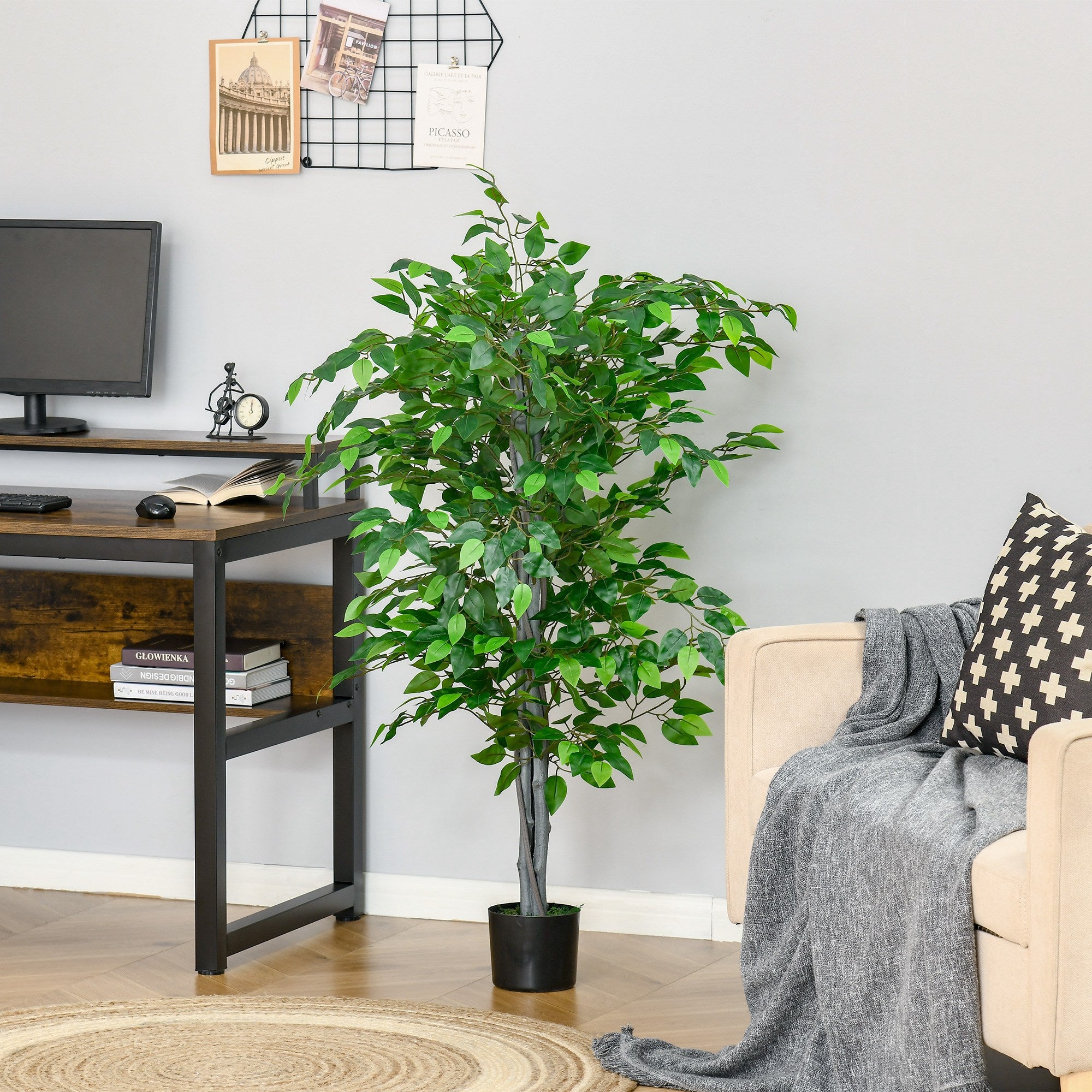 HOMCOM 4.5ft Ficus Artificial Tree with Realistic Leaves, Tall Fake Plant in Pot for Home Office Indoor Outdoor Decor, Green