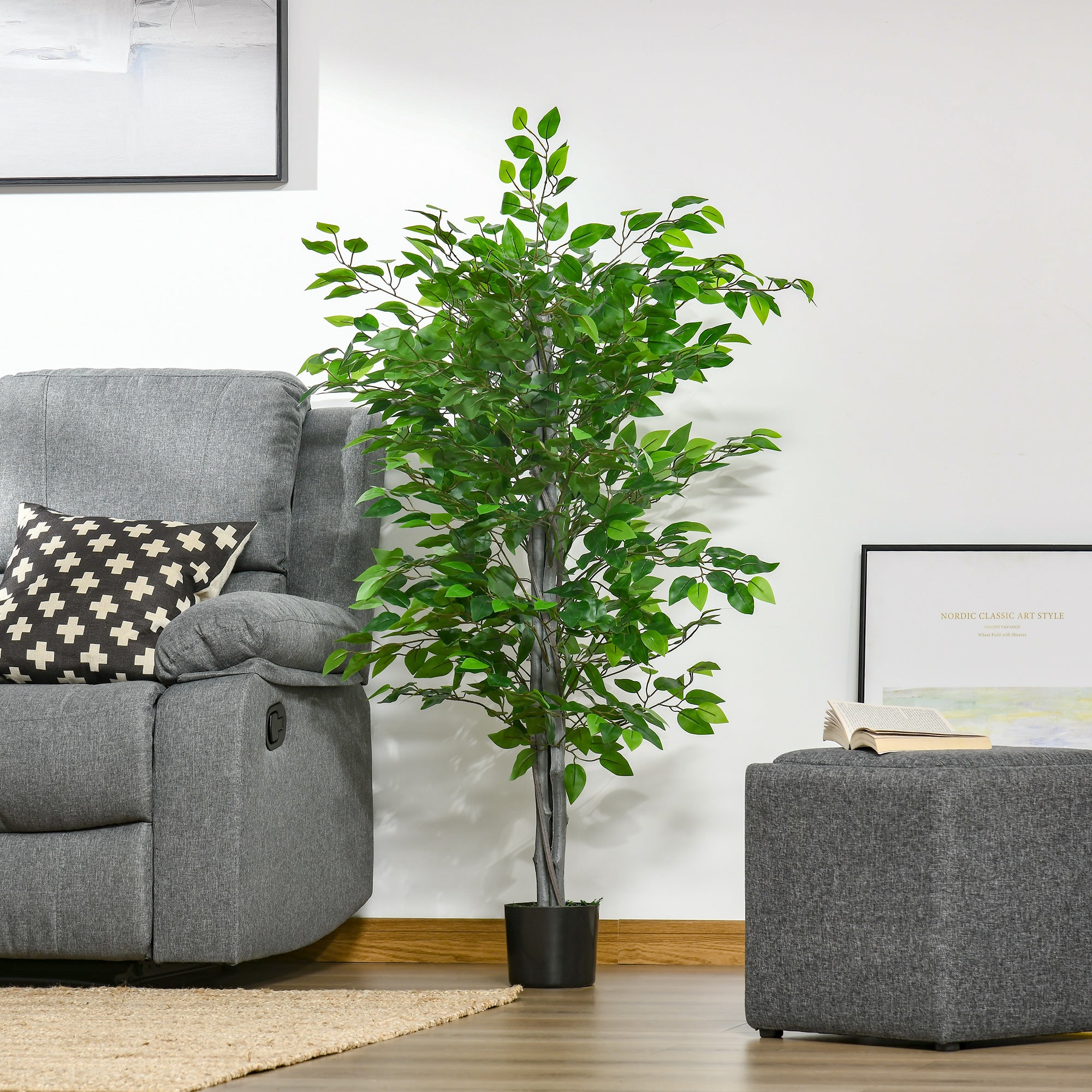 HOMCOM 4.5ft Ficus Artificial Tree with Realistic Leaves, Tall Fake Plant in Pot for Home Office Indoor Outdoor Decor, Green