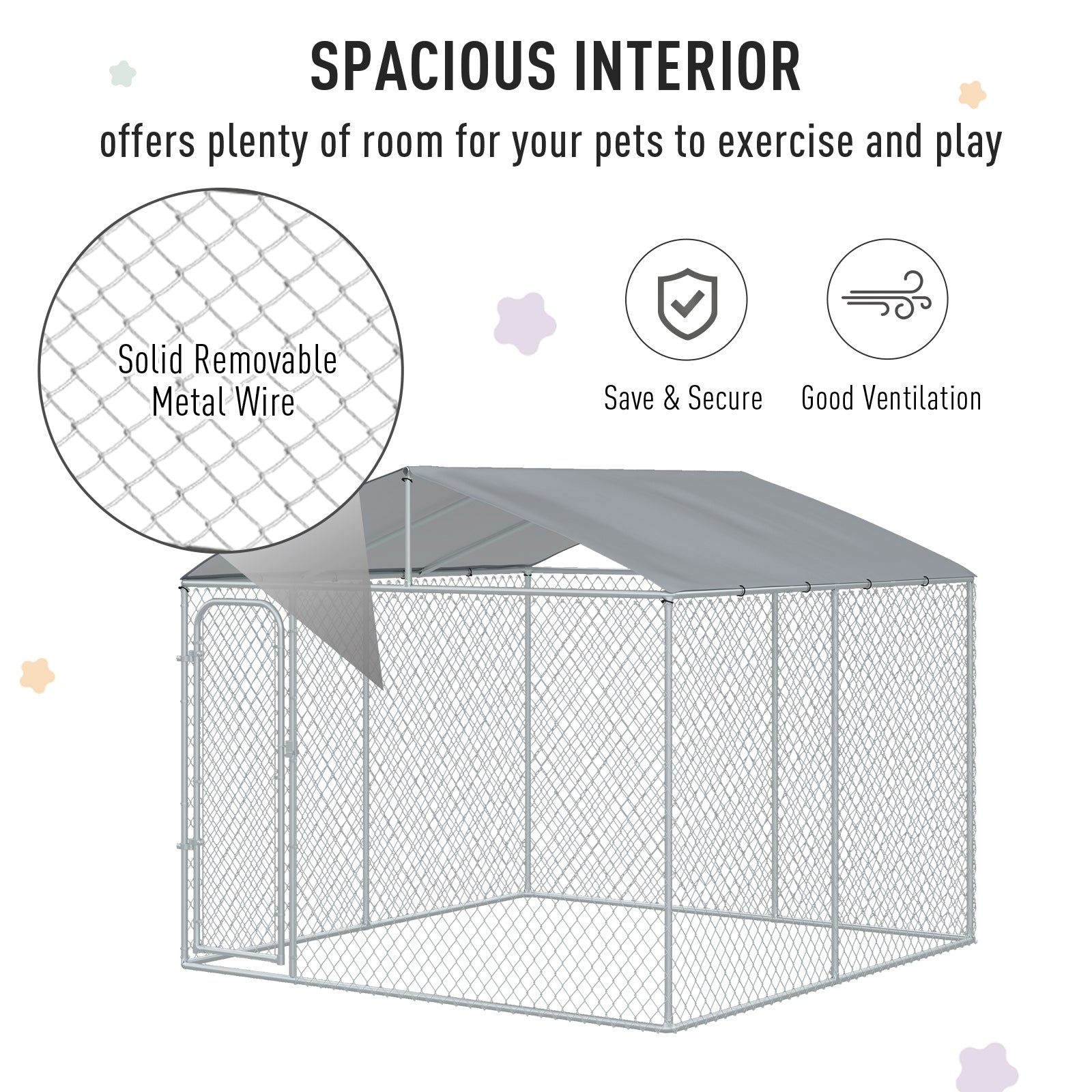PawHut Dog Kennel Outdoor Run Fence with Roof, Steel Lock, Mesh Sidewalls for Backyard & Patio, 9.8' x 9.8' x 7.7'