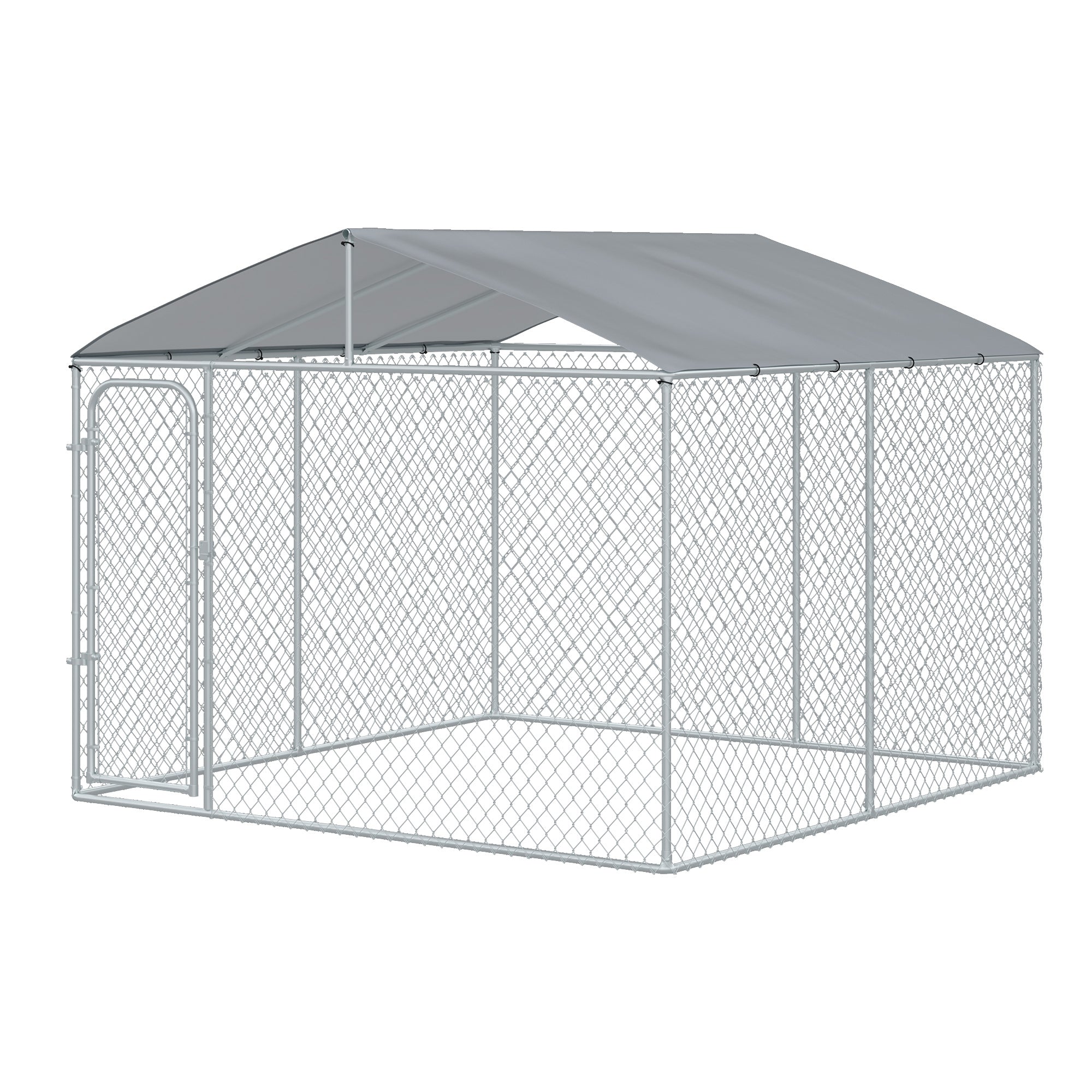 PawHut Dog Kennel Outdoor Run Fence with Roof, Steel Lock, Mesh Sidewalls for Backyard & Patio, 9.8' x 9.8' x 7.7'