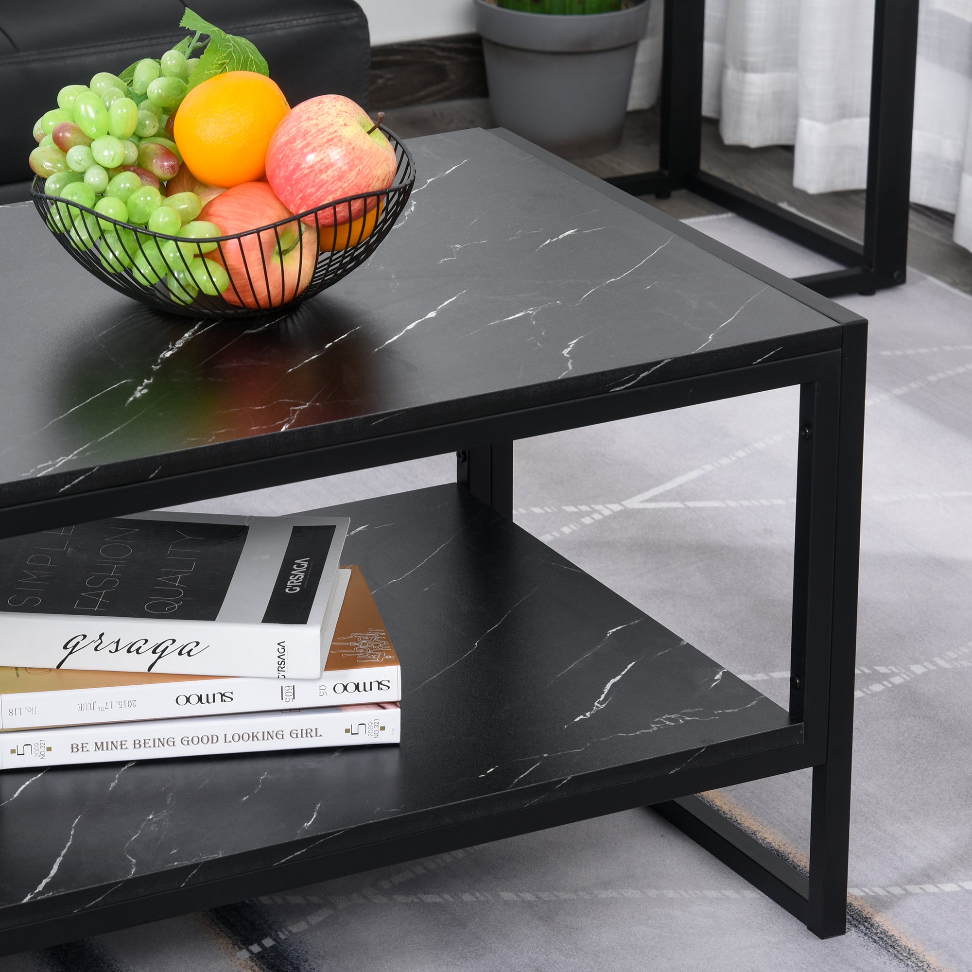HOMCOM 2-Tier Coffee Table with Storage Shelf, Center Table with Marble Textured Table Top, for Living Room Bedroom Dorm, Black