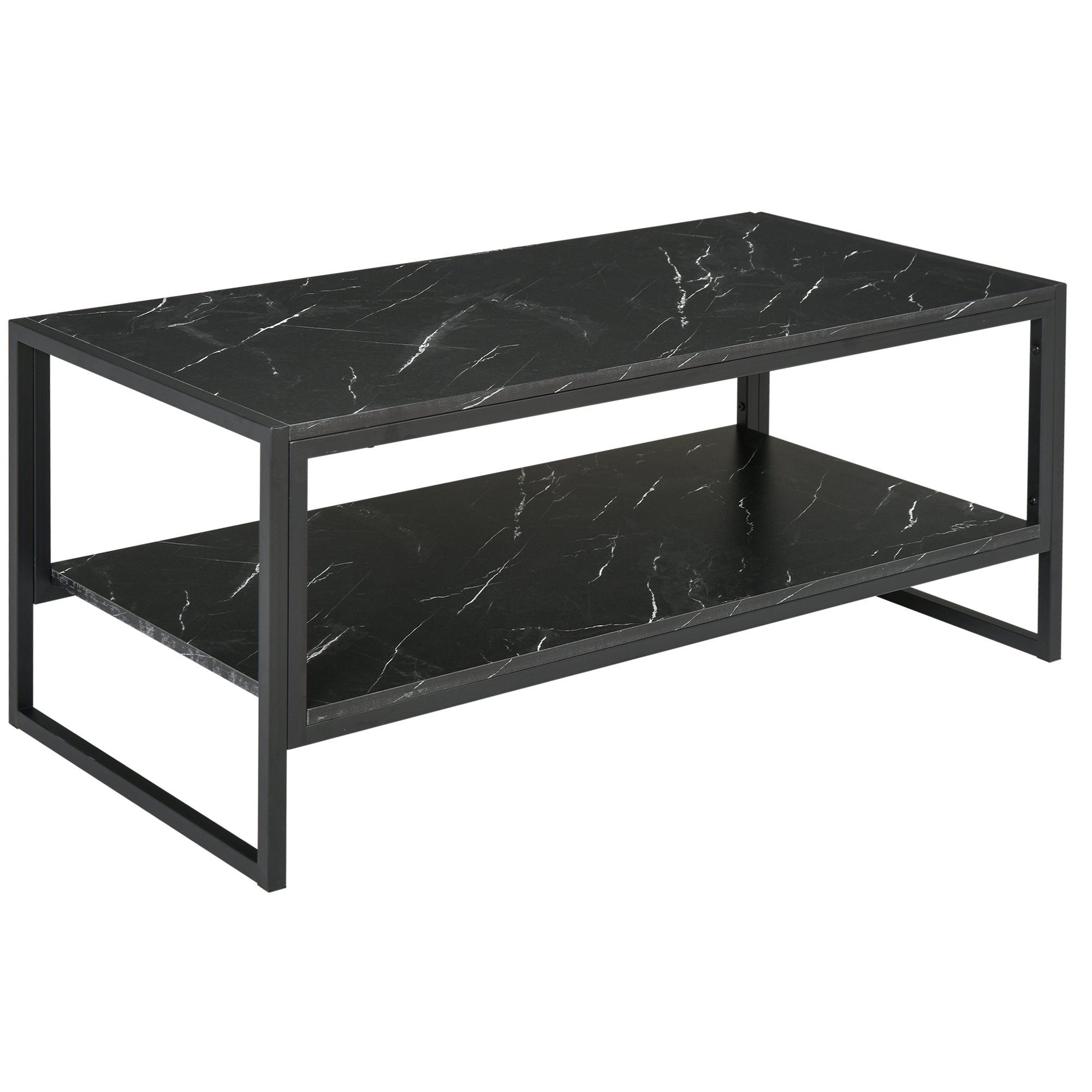 HOMCOM 2-Tier Coffee Table with Storage Shelf, Center Table with Marble Textured Table Top, for Living Room Bedroom Dorm, Black