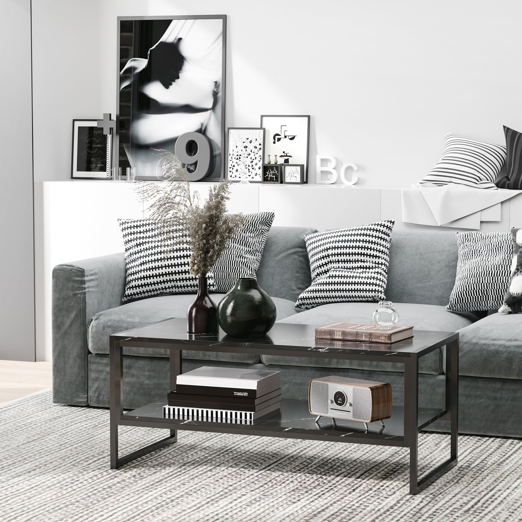 HOMCOM 2-Tier Coffee Table with Storage Shelf, Center Table with Marble Textured Table Top, for Living Room Bedroom Dorm, Black
