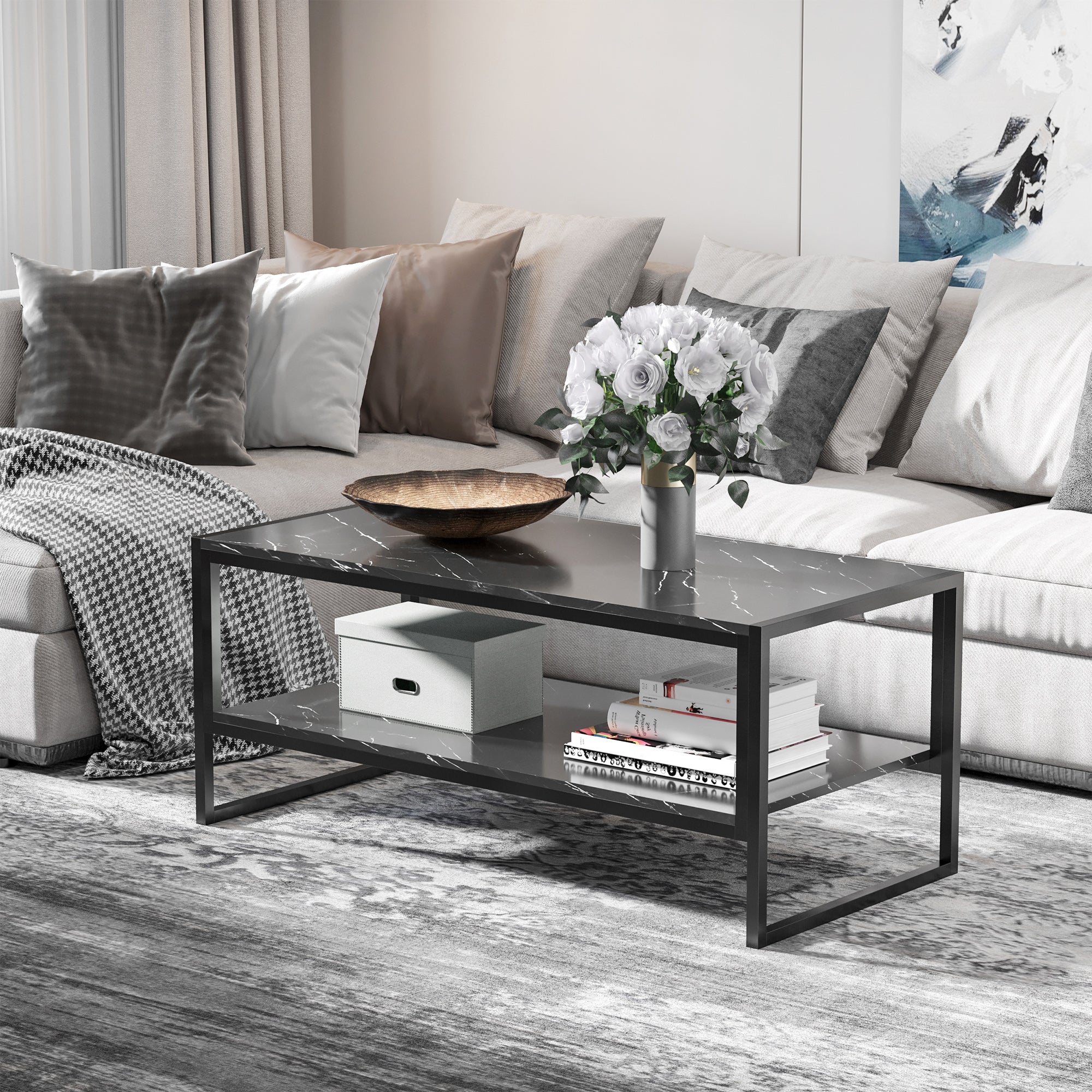 HOMCOM 2-Tier Coffee Table with Storage Shelf, Center Table with Marble Textured Table Top, for Living Room Bedroom Dorm, Black