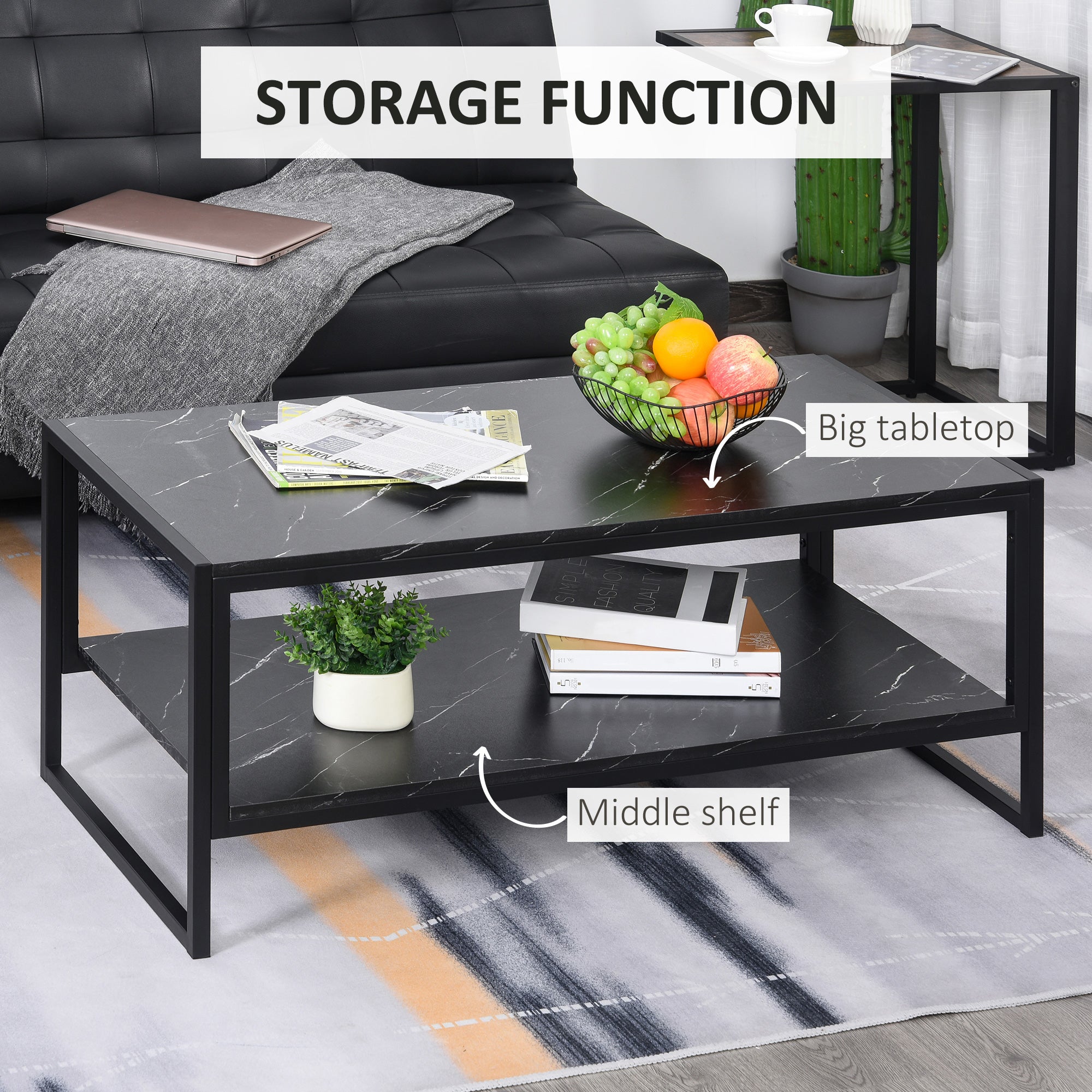 HOMCOM 2-Tier Coffee Table with Storage Shelf, Center Table with Marble Textured Table Top, for Living Room Bedroom Dorm, Black