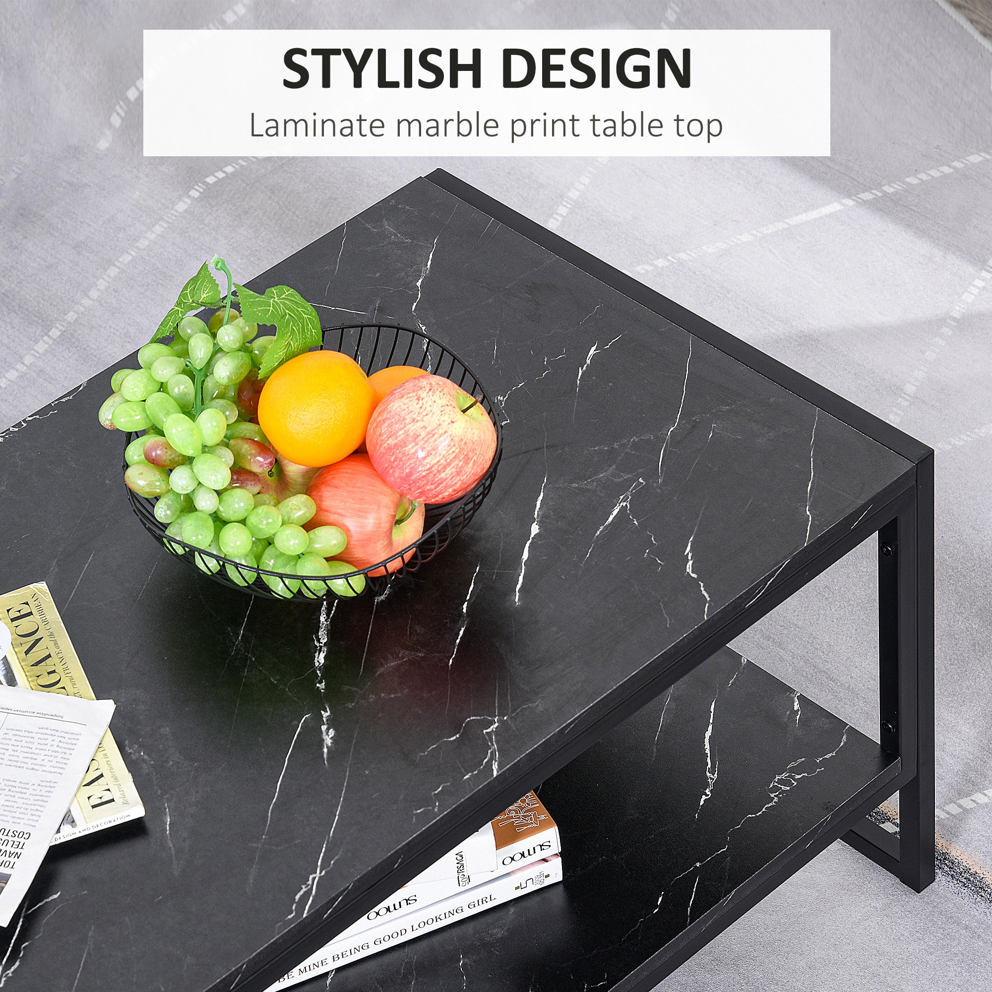 HOMCOM 2-Tier Coffee Table with Storage Shelf, Center Table with Marble Textured Table Top, for Living Room Bedroom Dorm, Black