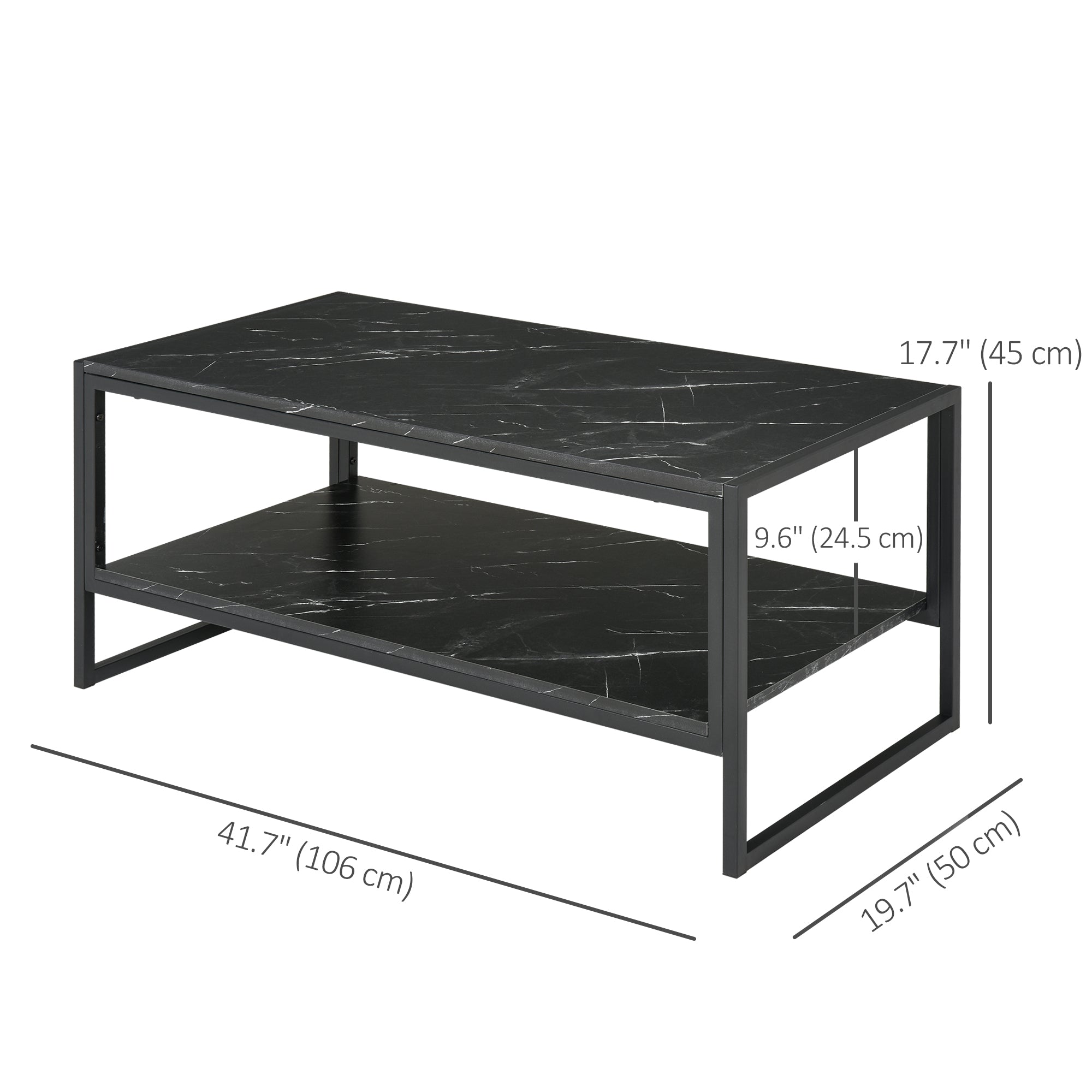 HOMCOM 2-Tier Coffee Table with Storage Shelf, Center Table with Marble Textured Table Top, for Living Room Bedroom Dorm, Black