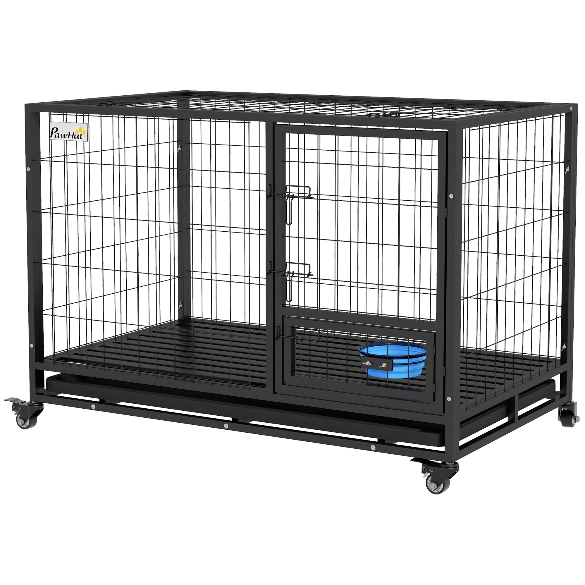 PawHut 48" Heavy Duty Dog Crate with Bowl Holder, Dog Cage on Wheels with Removable Tray, Openable Top, Detachable Door, Indoor Outdoor Use, for Large and Extra Large Dogs - Black
