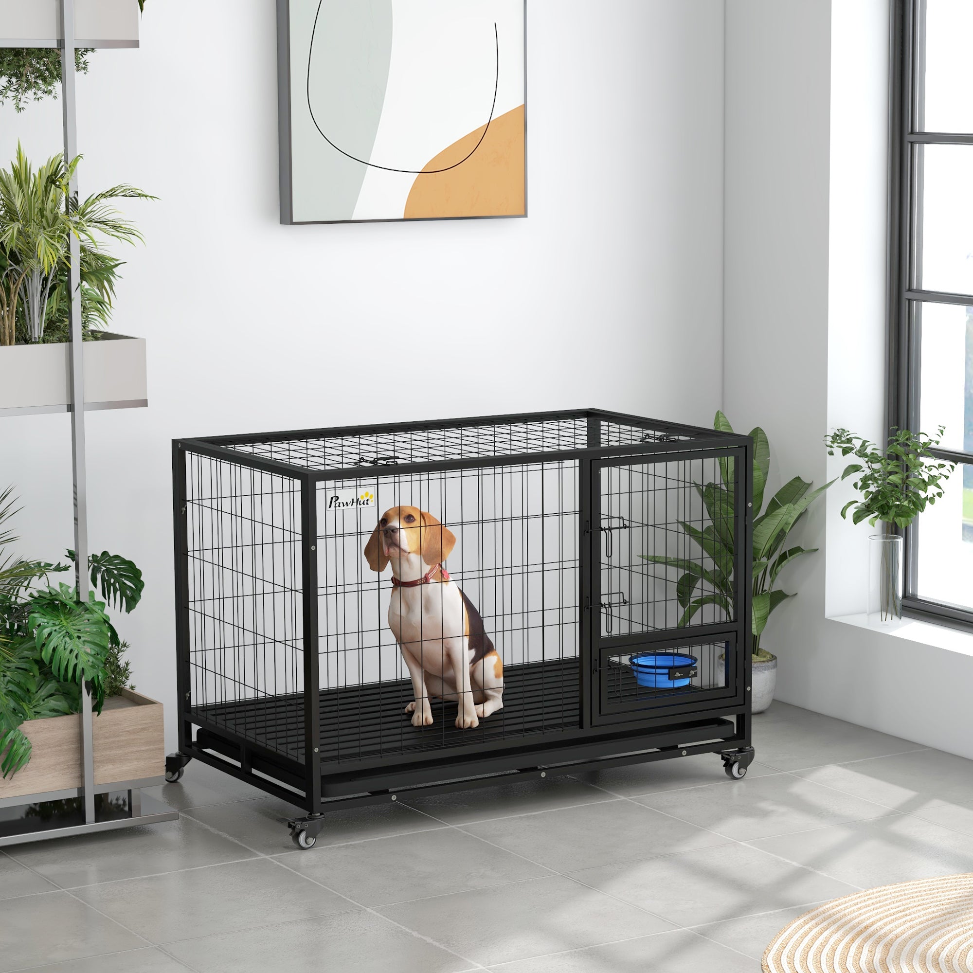 PawHut 48" Heavy Duty Dog Crate with Bowl Holder, Dog Cage on Wheels with Removable Tray, Openable Top, Detachable Door, Indoor Outdoor Use, for Large and Extra Large Dogs - Black