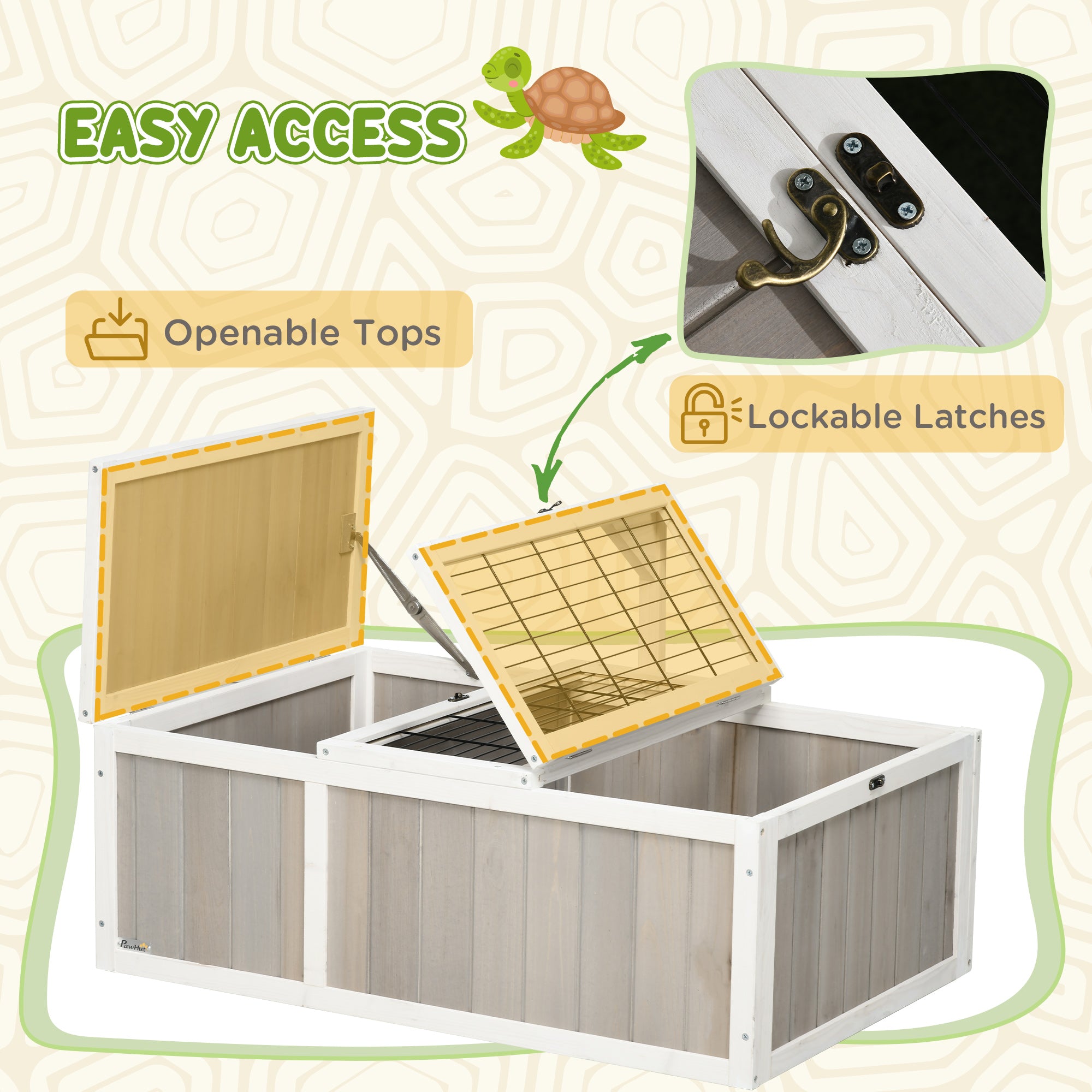 PawHut Tortoise Habitat, Wooden Tortoise Enclosure with Openable Tops, Run Cage, Two Rooms, Grey