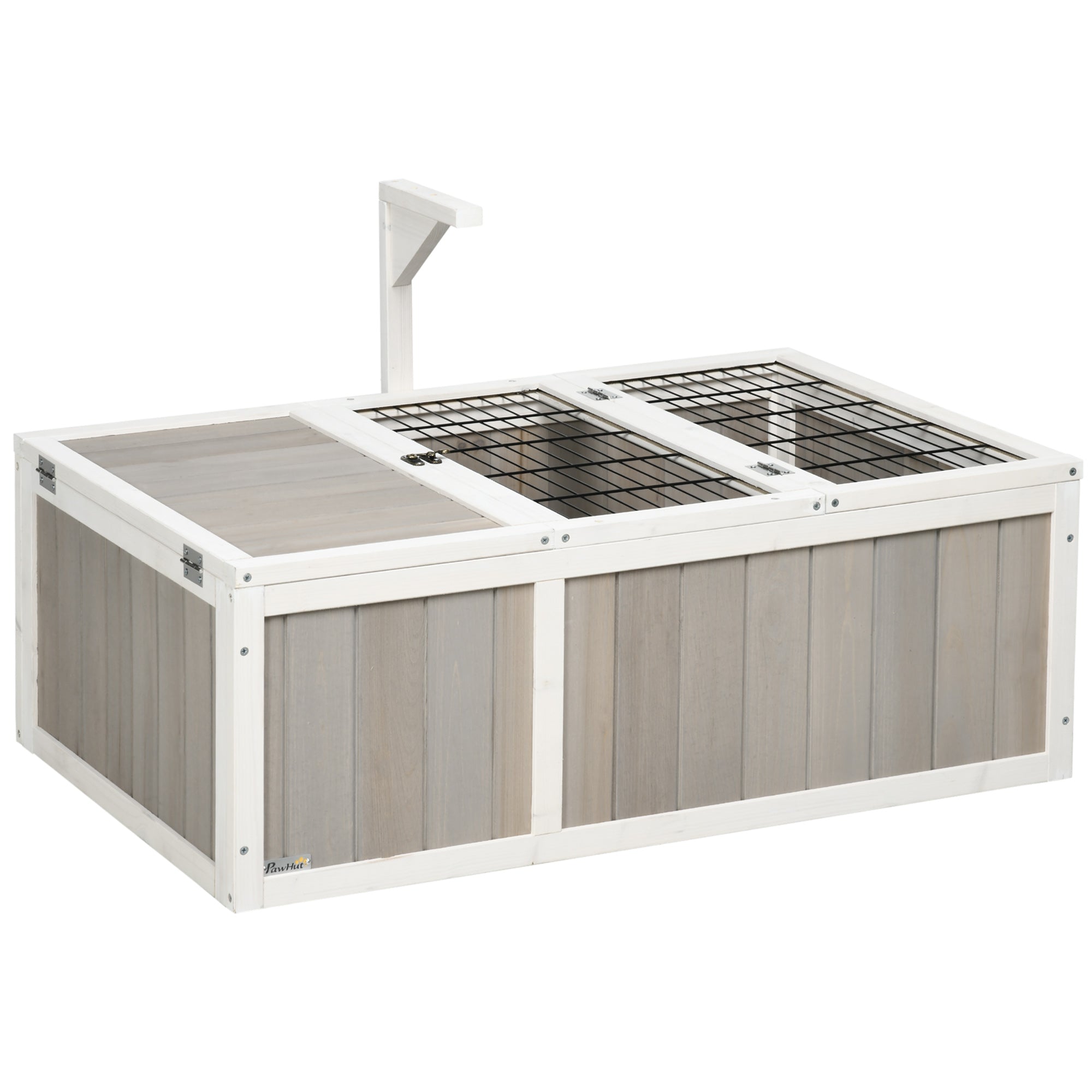 PawHut Tortoise Habitat, Wooden Tortoise Enclosure with Openable Tops, Run Cage, Two Rooms, Grey