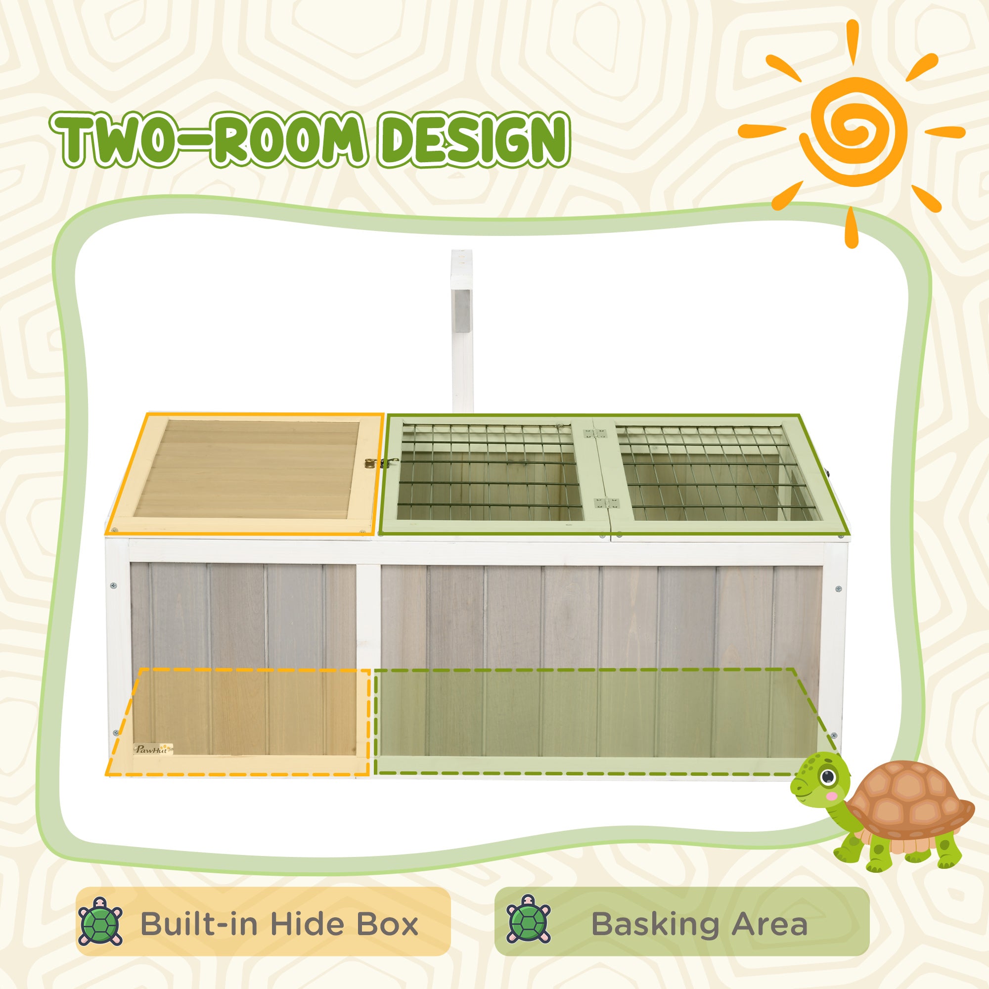 PawHut Tortoise Habitat, Wooden Tortoise Enclosure with Openable Tops, Run Cage, Two Rooms, Grey