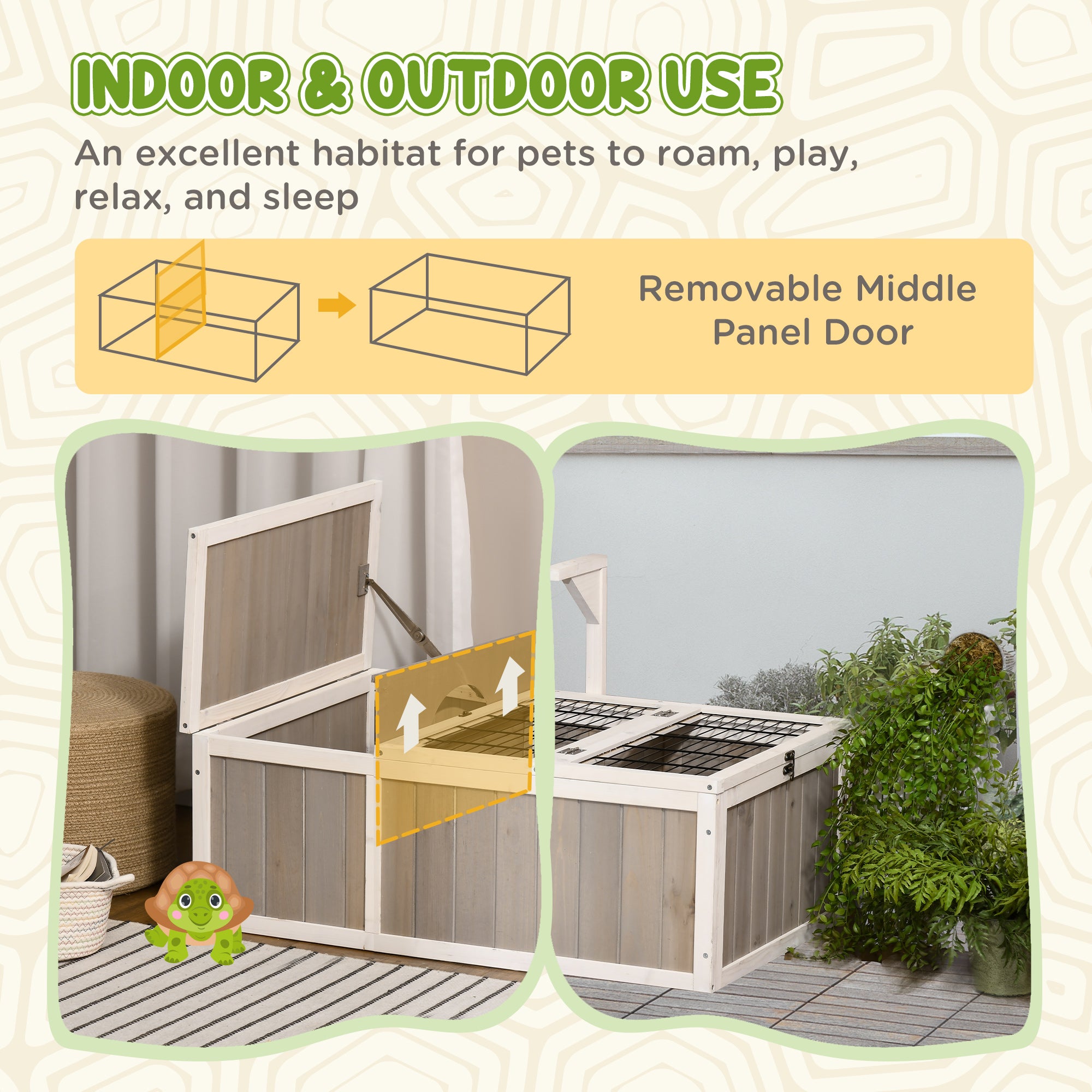 PawHut Tortoise Habitat, Wooden Tortoise Enclosure with Openable Tops, Run Cage, Two Rooms, Grey
