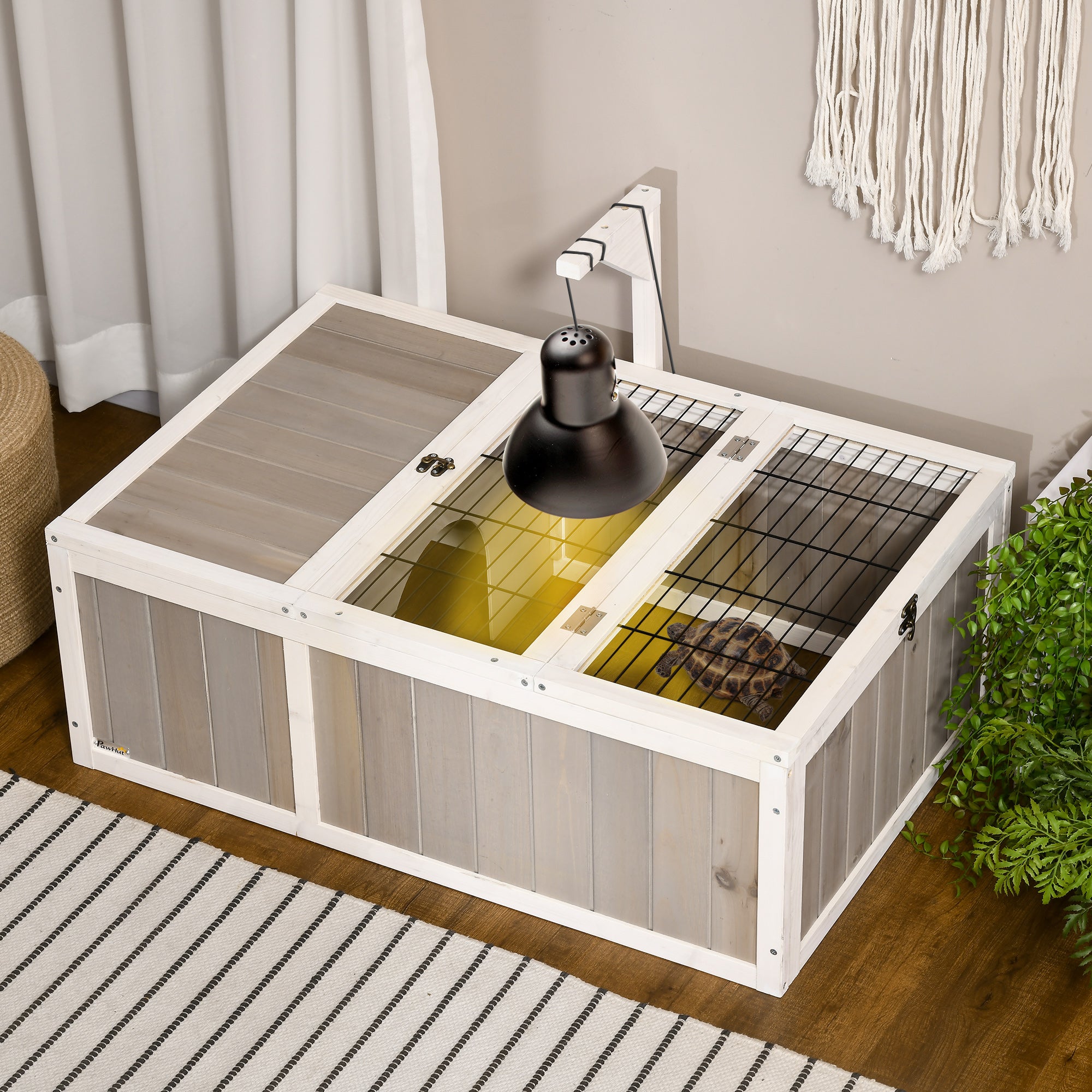 PawHut Tortoise Habitat, Wooden Tortoise Enclosure with Openable Tops, Run Cage, Two Rooms, Grey