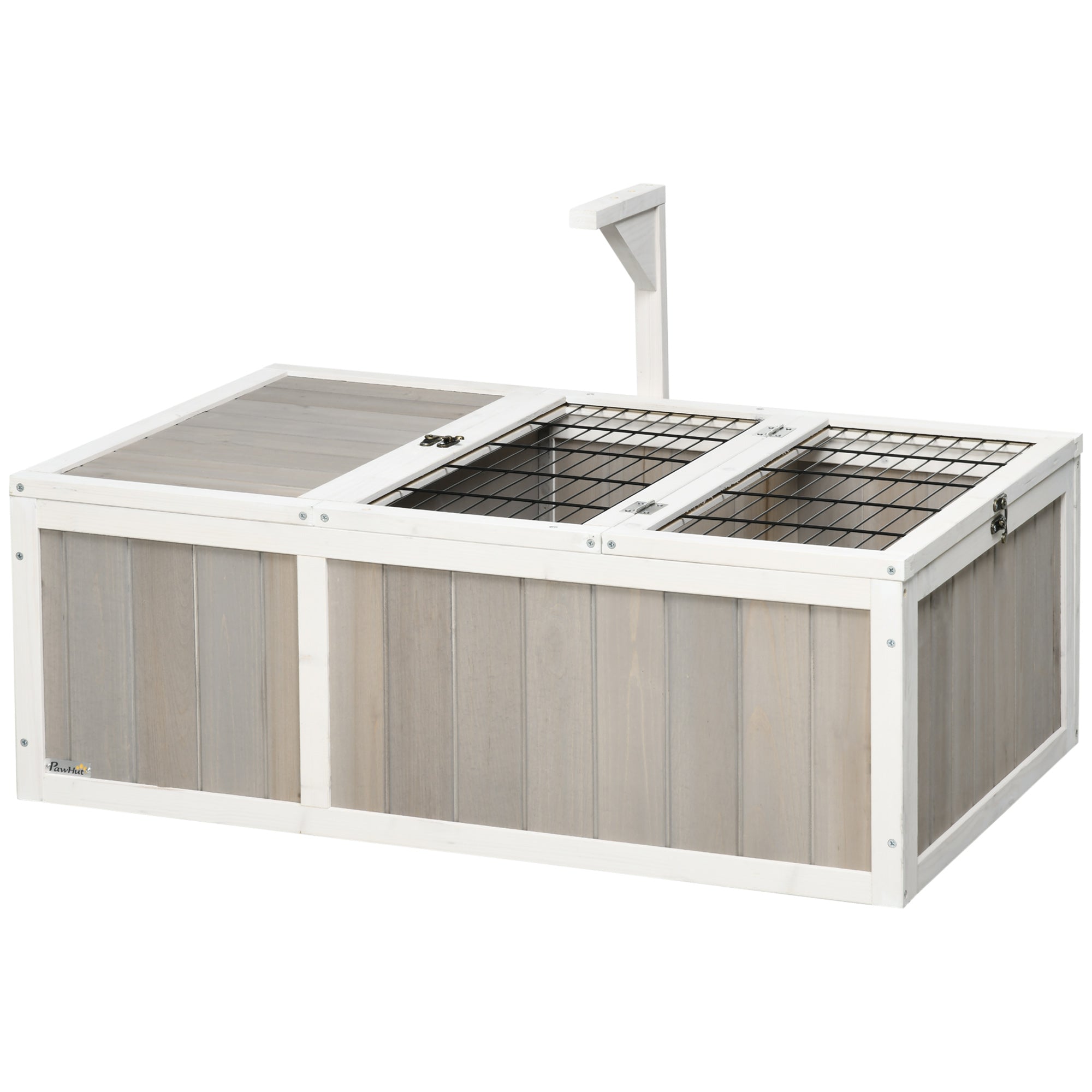 PawHut Tortoise Habitat, Wooden Tortoise Enclosure with Openable Tops, Run Cage, Two Rooms, Grey