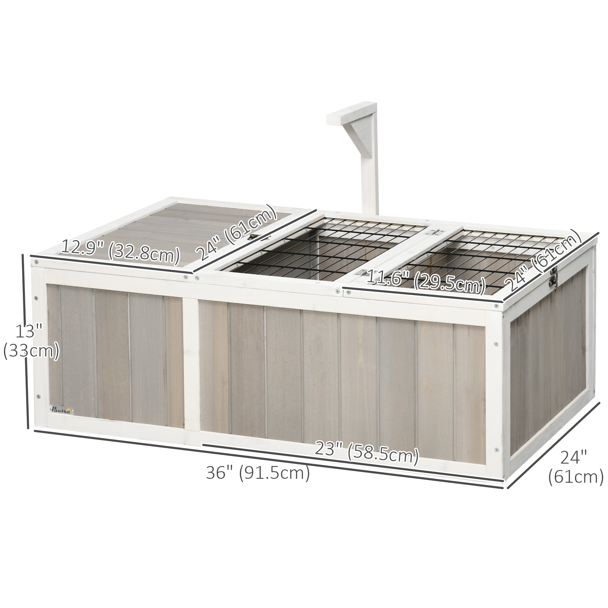 PawHut Tortoise Habitat, Wooden Tortoise Enclosure with Openable Tops, Run Cage, Two Rooms, Grey