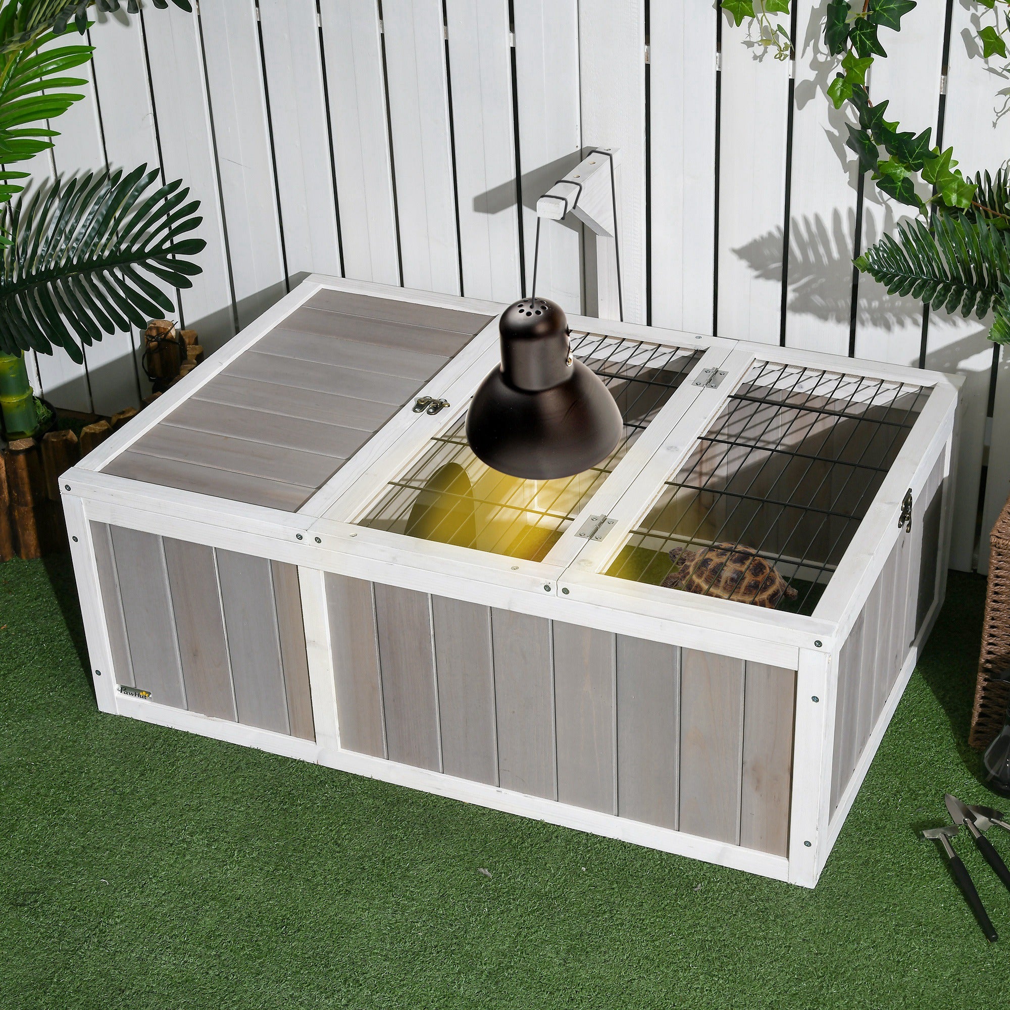 PawHut Tortoise Habitat, Wooden Tortoise Enclosure with Openable Tops, Run Cage, Two Rooms, Grey