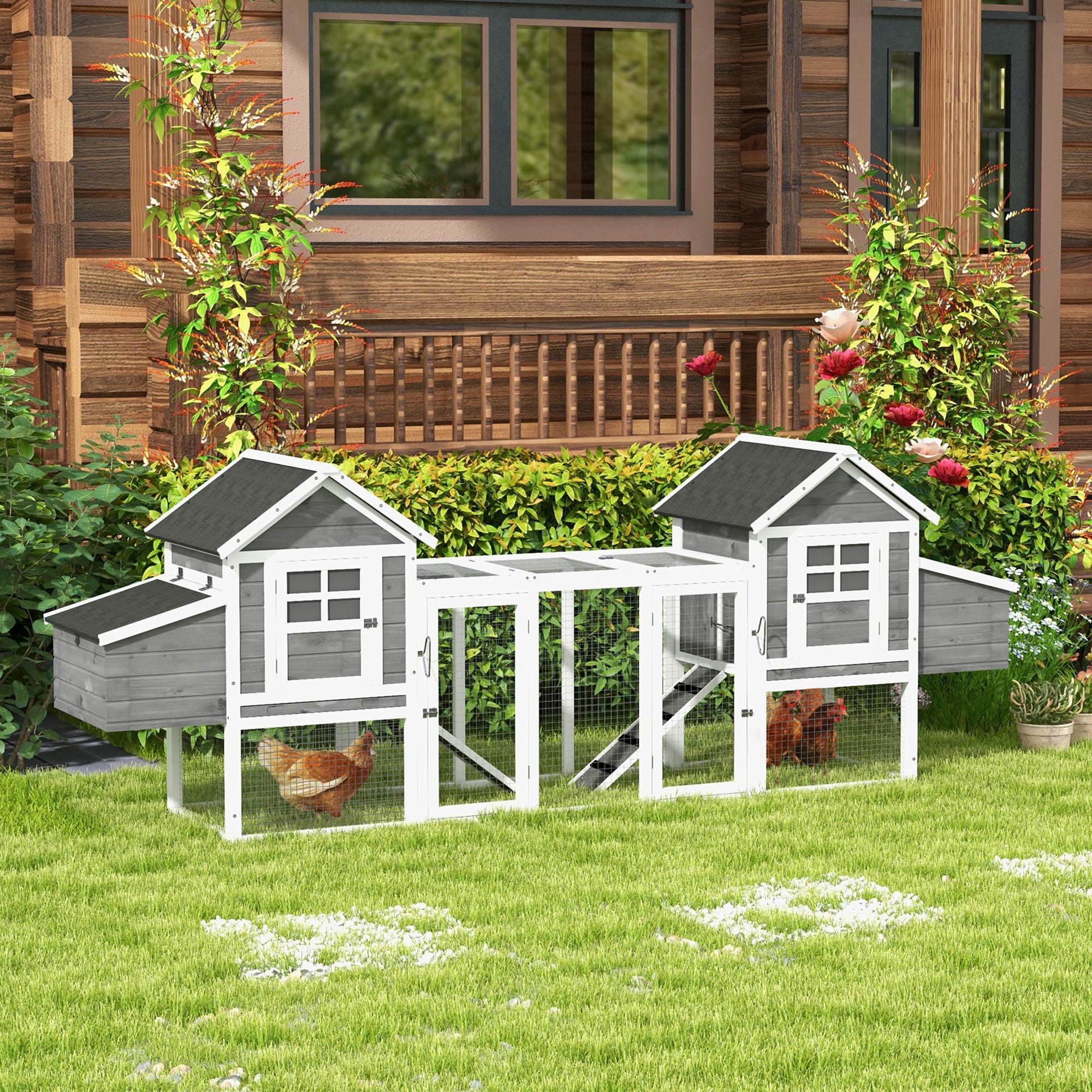 PawHut Dual Wooden Chicken Coop with Garden Bed, Large Outdoor Hen House with Nesting Boxes Removable Trays, Ramps Run, for Garden Backyard, 123" x 27.5" x 42.5", Dark Gray