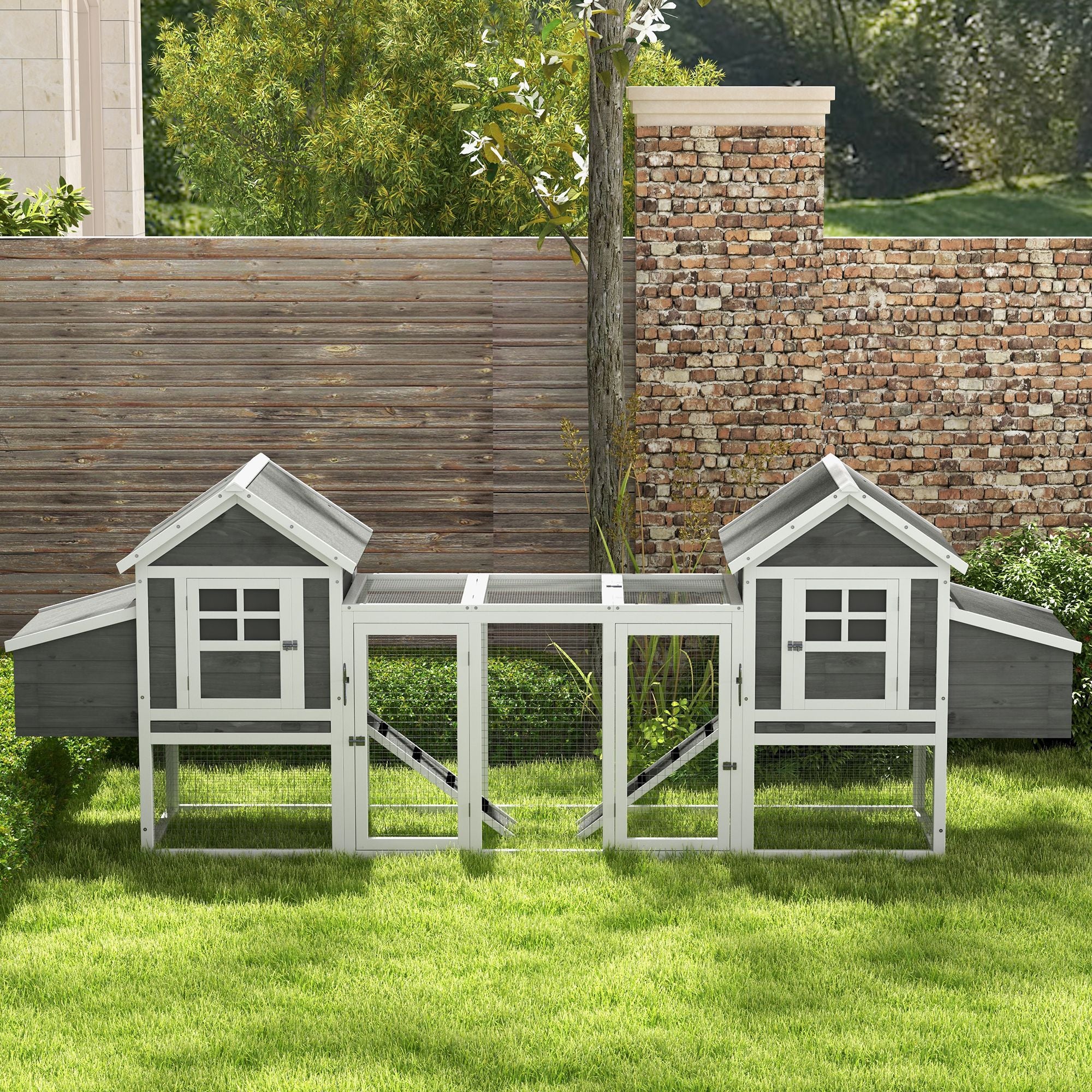 PawHut Dual Wooden Chicken Coop with Garden Bed, Large Outdoor Hen House with Nesting Boxes Removable Trays, Ramps Run, for Garden Backyard, 123" x 27.5" x 42.5", Dark Gray