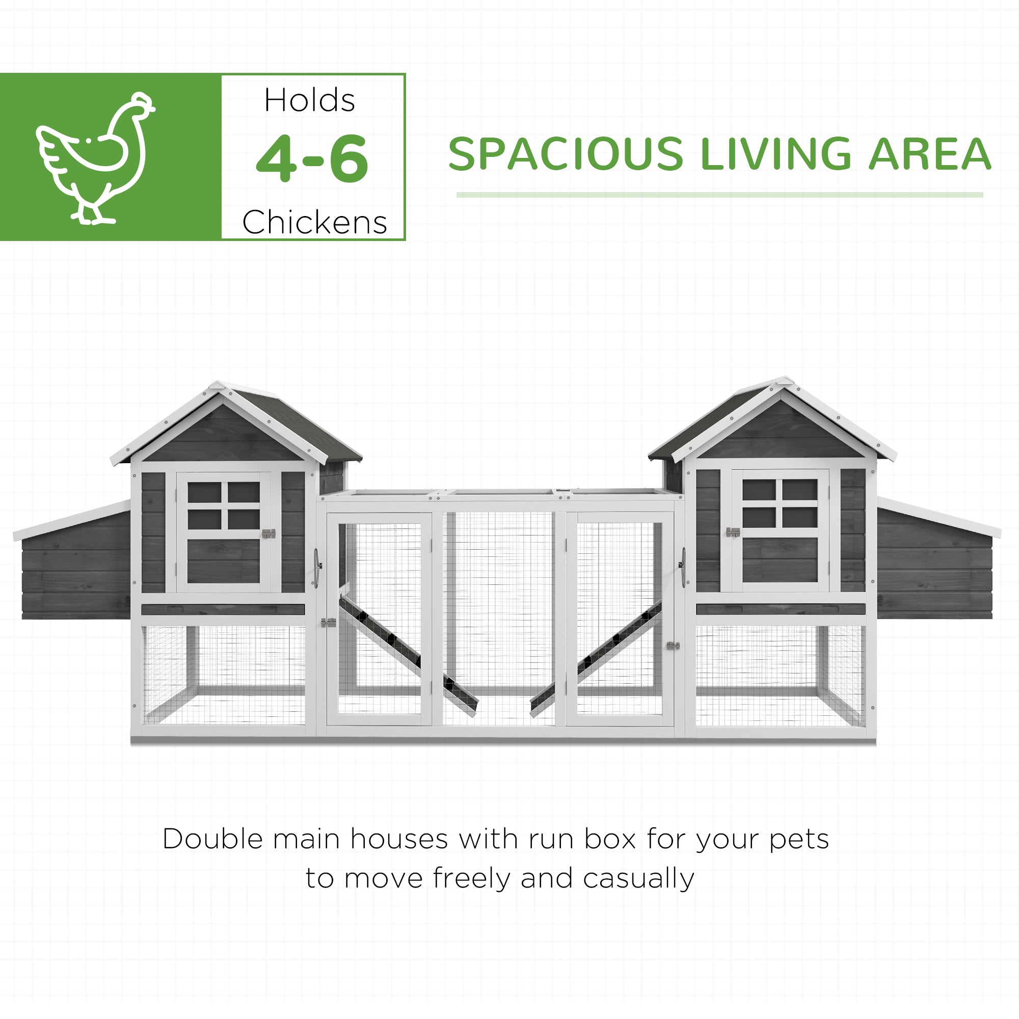 PawHut Dual Wooden Chicken Coop with Garden Bed, Large Outdoor Hen House with Nesting Boxes Removable Trays, Ramps Run, for Garden Backyard, 123" x 27.5" x 42.5", Dark Gray