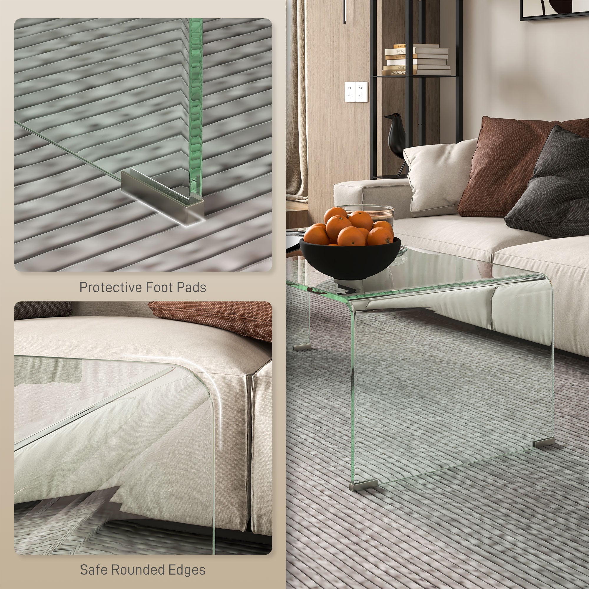 HOMCOM Tempered Glass Coffee Table, Modern Home Furniture, Clear Coffee Table for Living Room, Easy to Clean and Safe Rounded Edges, 39.4