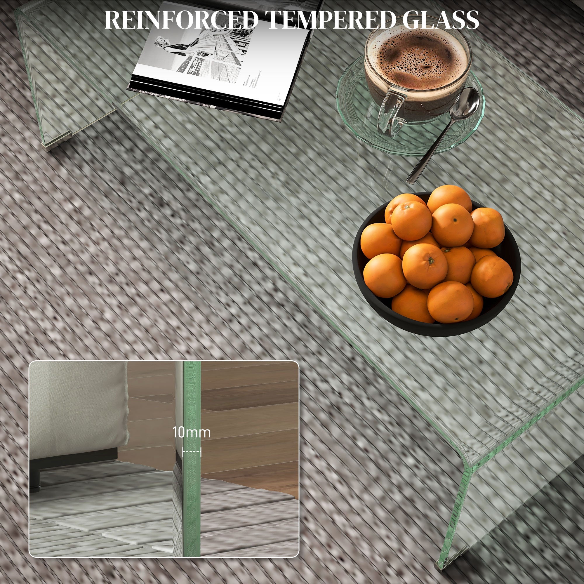 HOMCOM Tempered Glass Coffee Table, Modern Home Furniture, Clear Coffee Table for Living Room, Easy to Clean and Safe Rounded Edges, 39.4
