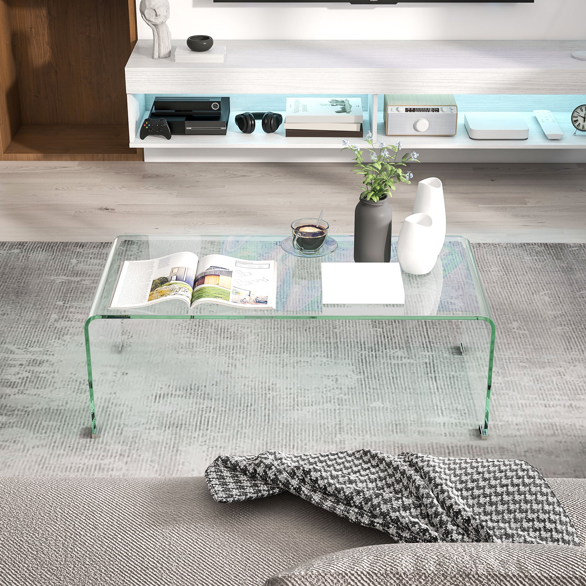 HOMCOM Tempered Glass Coffee Table, Modern Home Furniture, Clear Coffee Table for Living Room, Easy to Clean and Safe Rounded Edges, 39.4