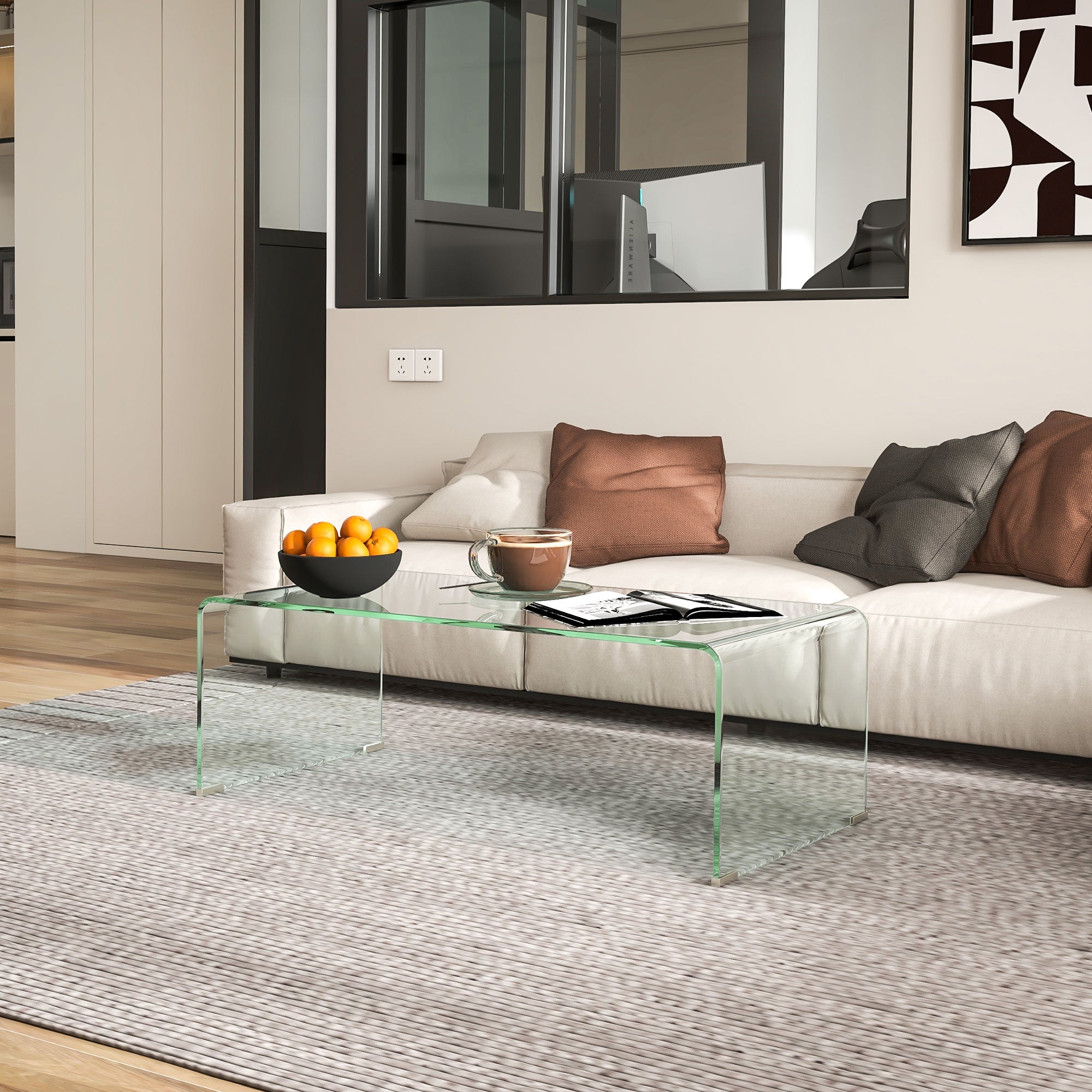 HOMCOM Tempered Glass Coffee Table, Modern Home Furniture, Clear Coffee Table for Living Room, Easy to Clean and Safe Rounded Edges, 39.4
